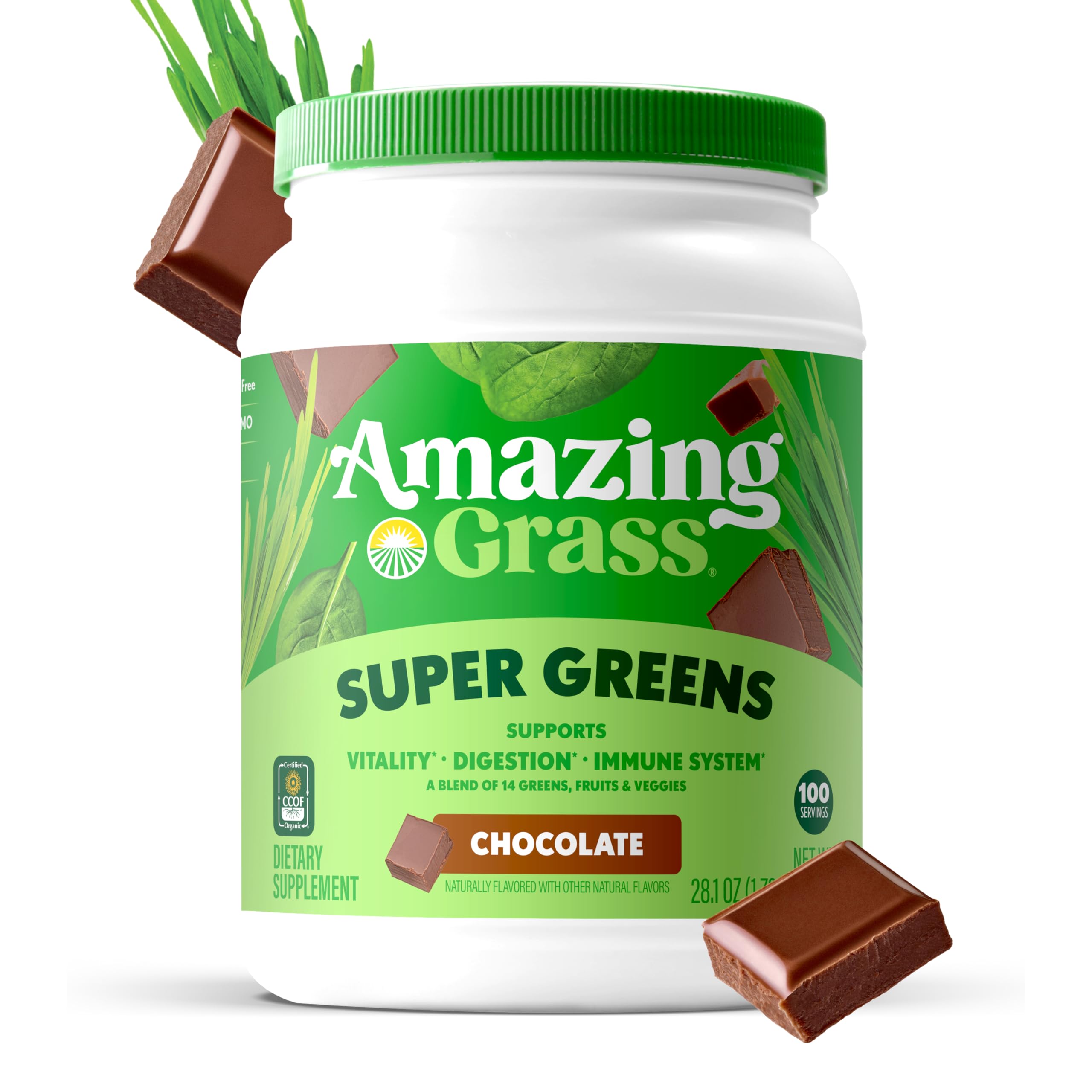 Amazing Grass etiqueta con sellos CCOF orgánico y certificaciones visibles