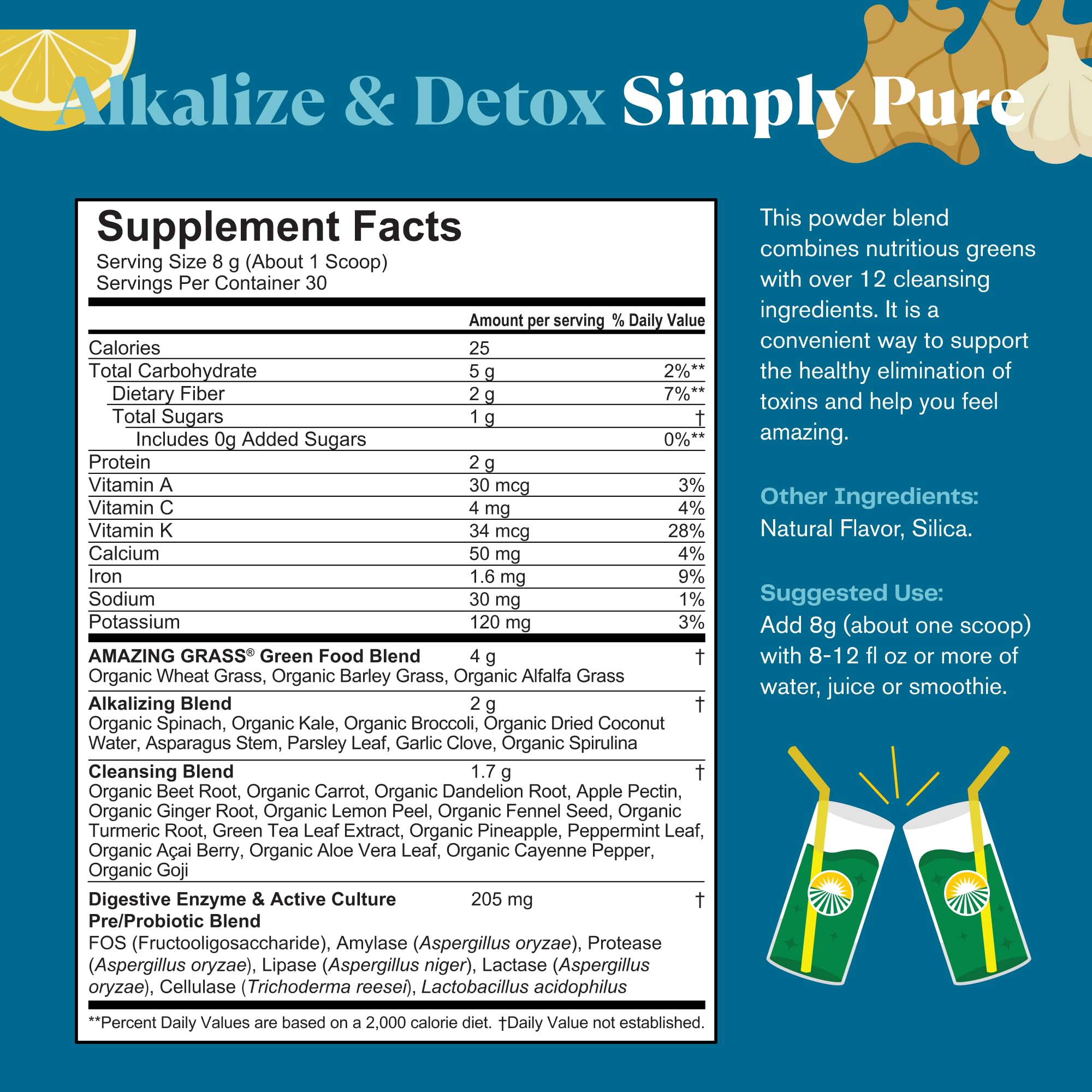Amazing Grass etiqueta con lista de ingredientes y certificaciones visibles