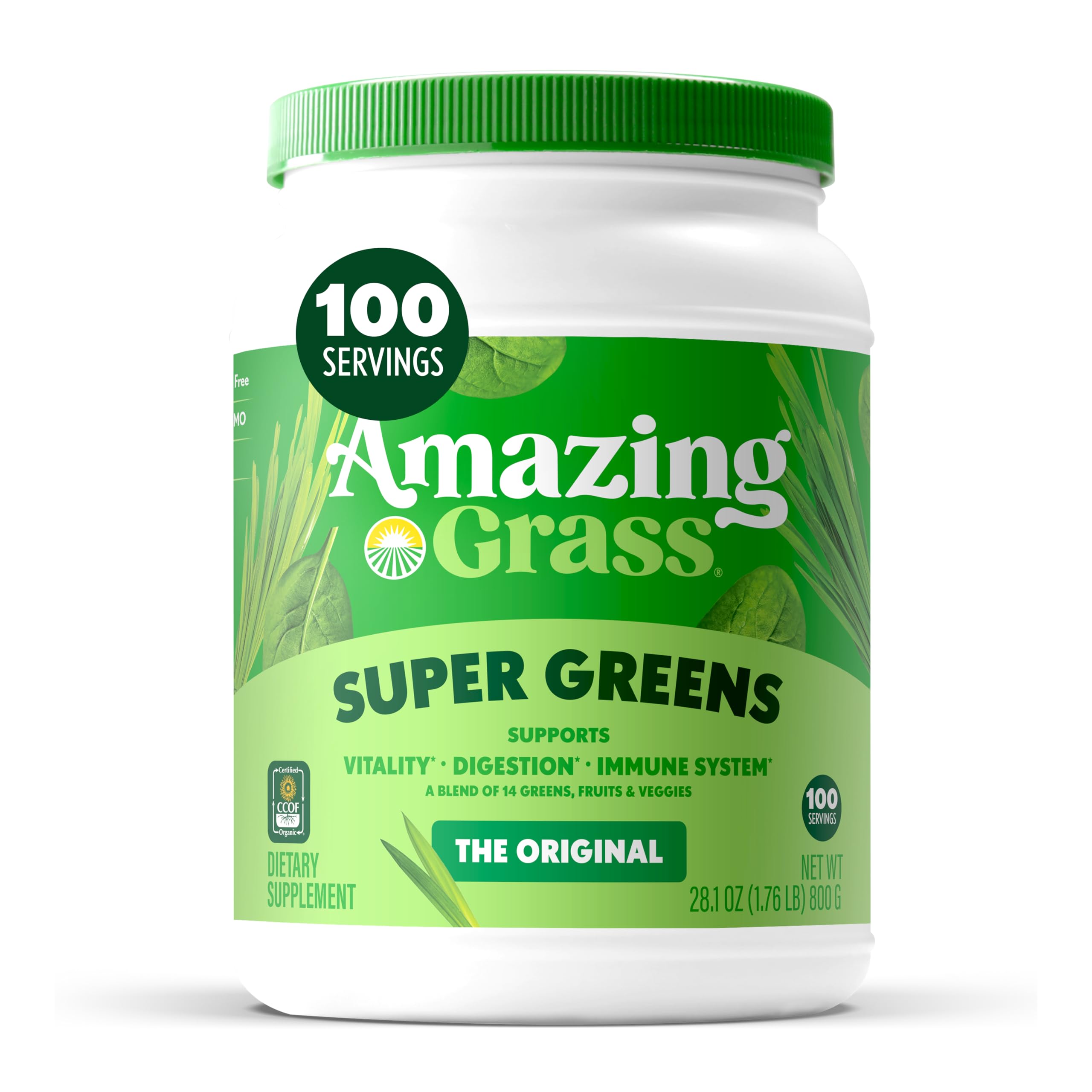 Amazing Grass frasco frente mostrando presentación y porciones