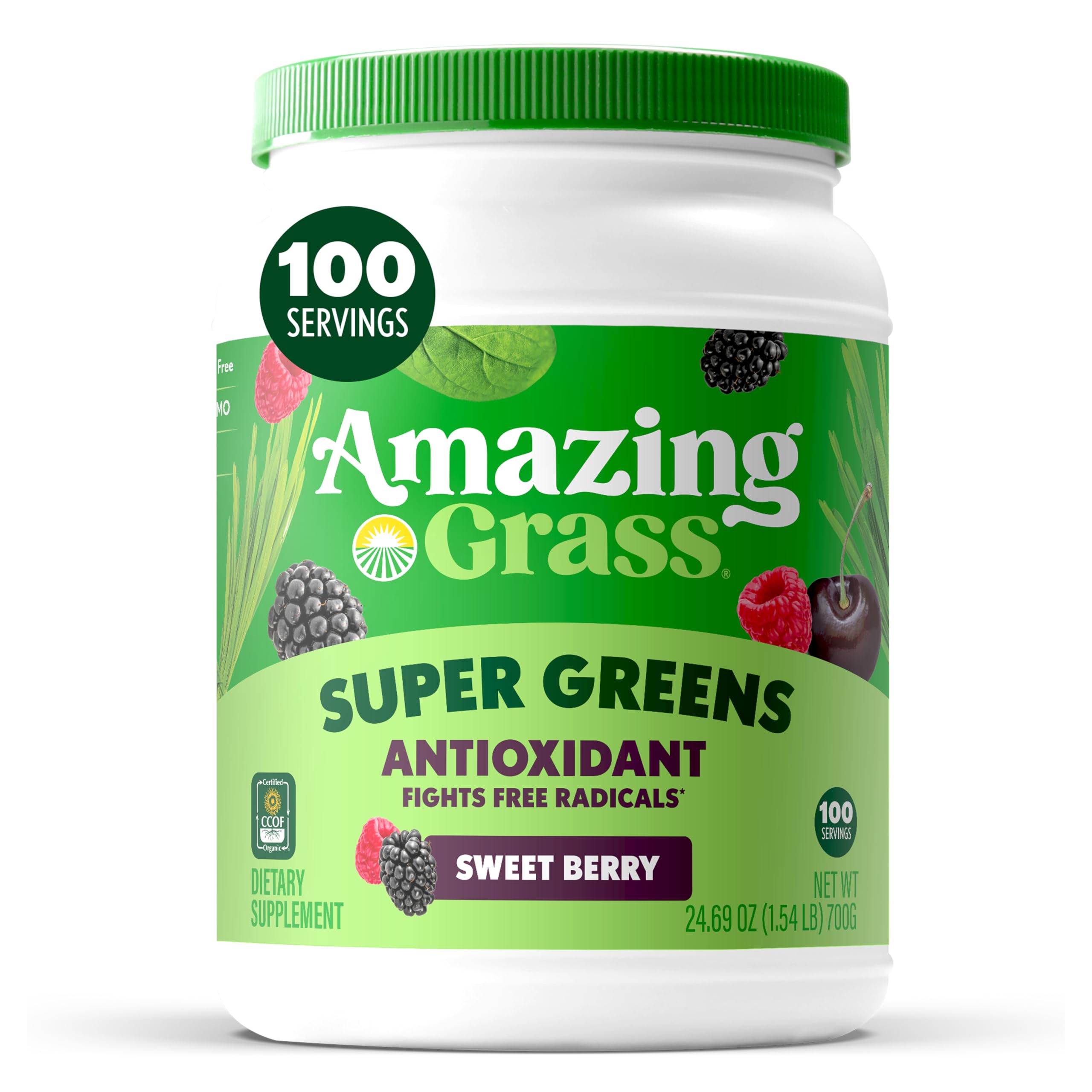 Amazing Grass empaque frontal mostrando sabor Sweet Berry y formato grande