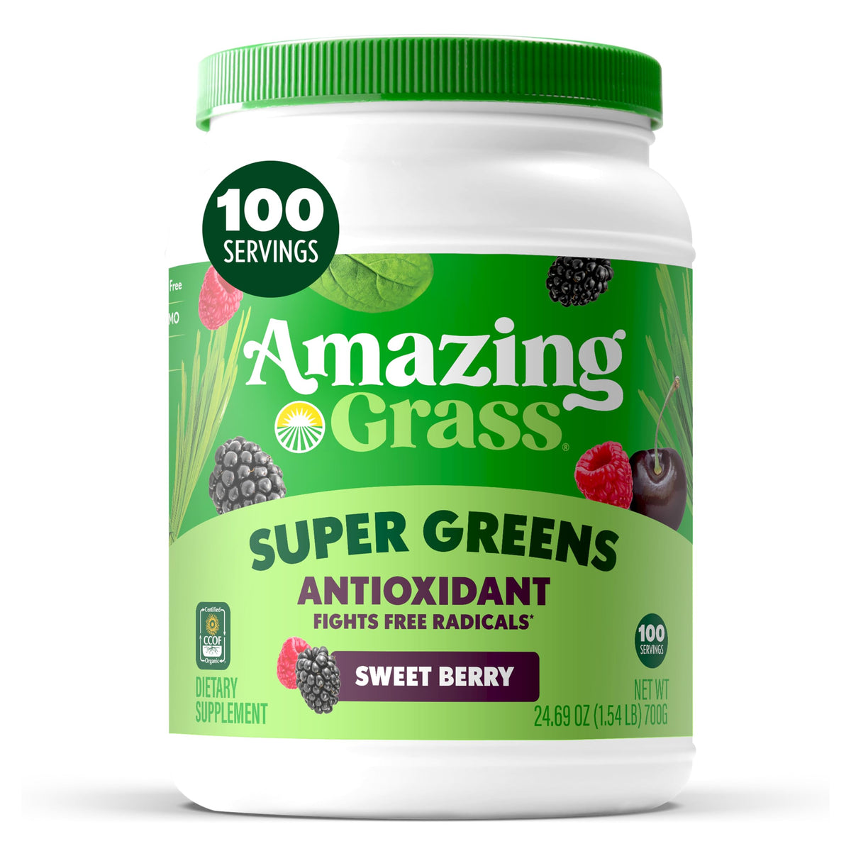 Amazing Grass empaque frontal mostrando sabor Sweet Berry y formato grande