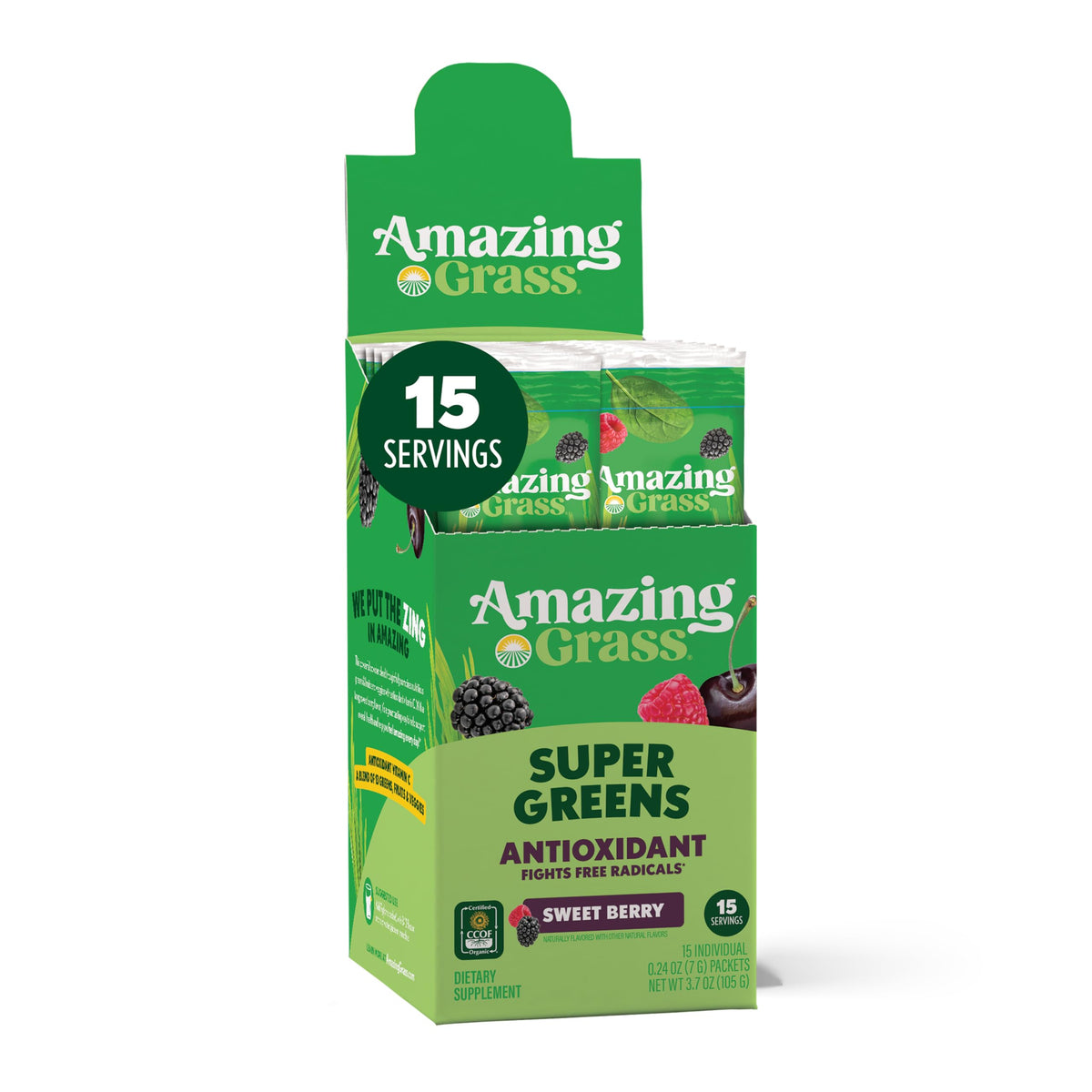 Amazing Grass empaque frontal mostrando sobres y beneficios saludables