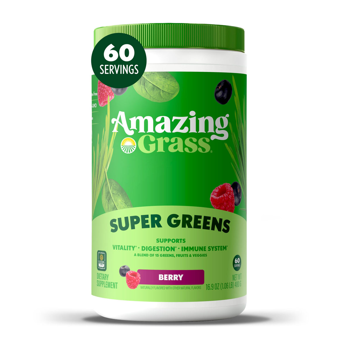Amazing Grass envase frontal sabor berry mostrando marca y diseño, útil para identificar producto