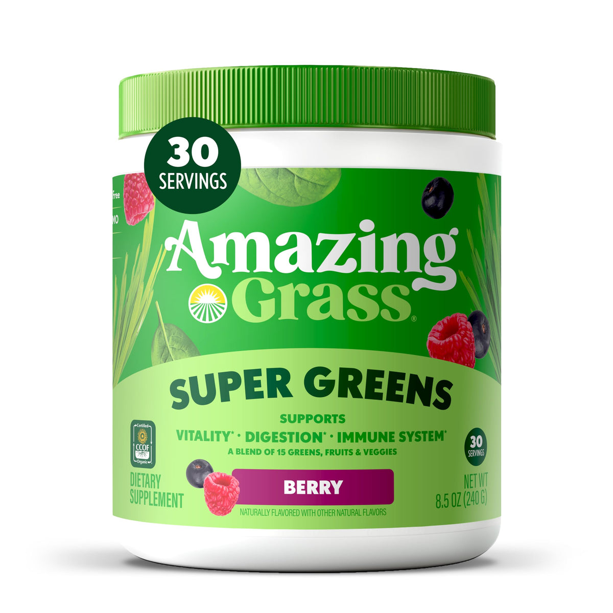 Amazing Grass envase frontal berry mostrando diseño y facilidad de uso
