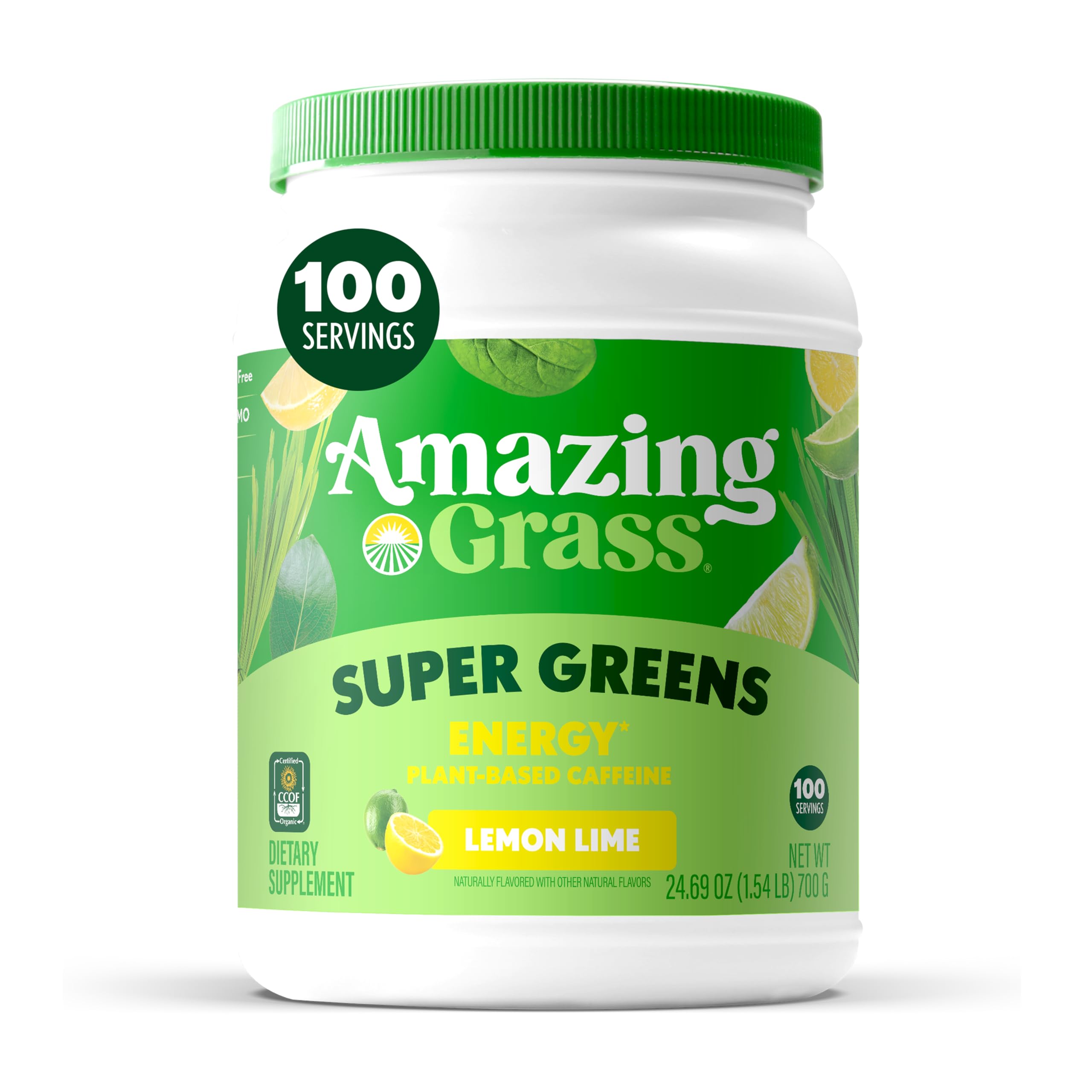Amazing Grass envase frontal mostrando sello orgánico y sabor limón-lima