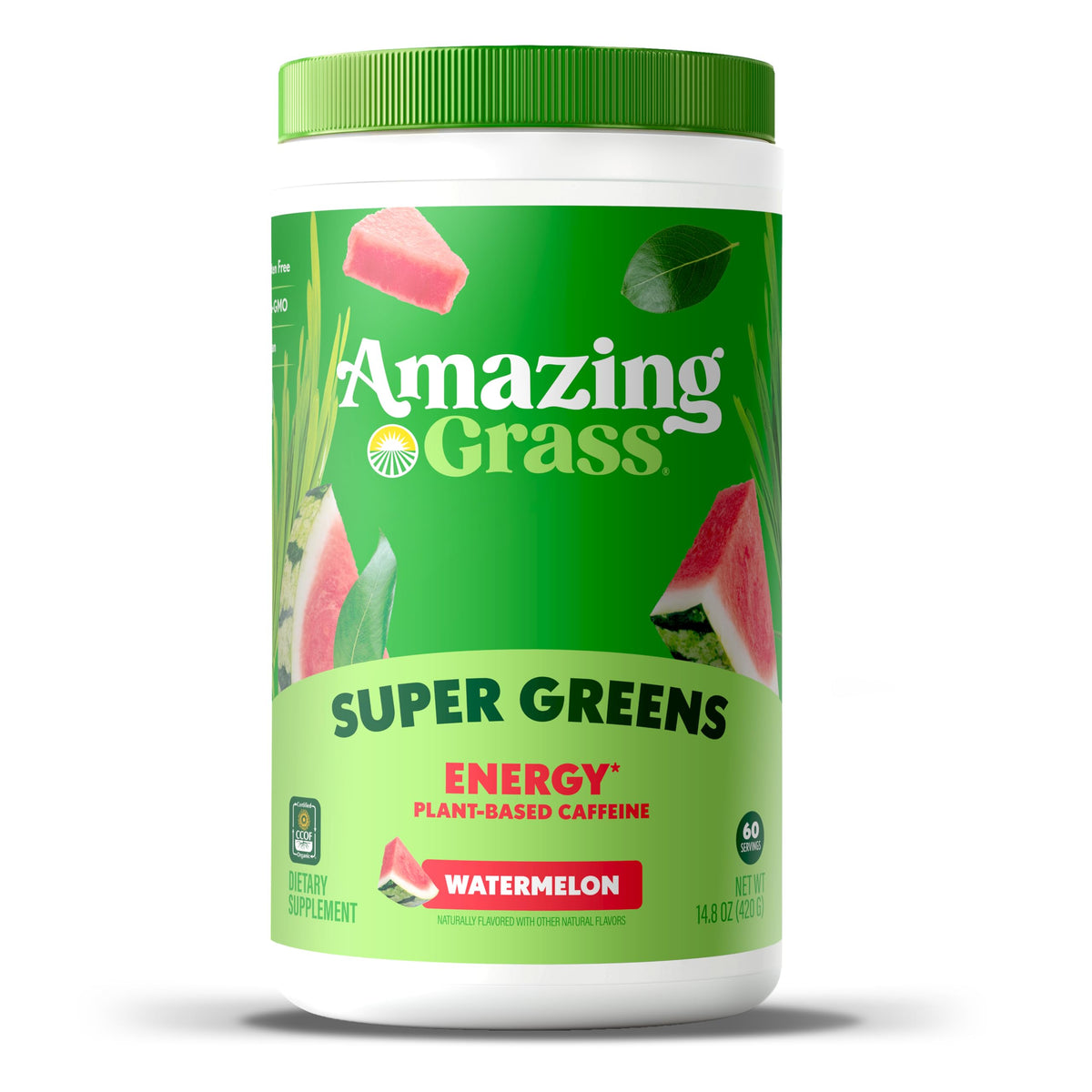 Amazing Grass frente del envase mostrando 60 servicios y sello orgánico