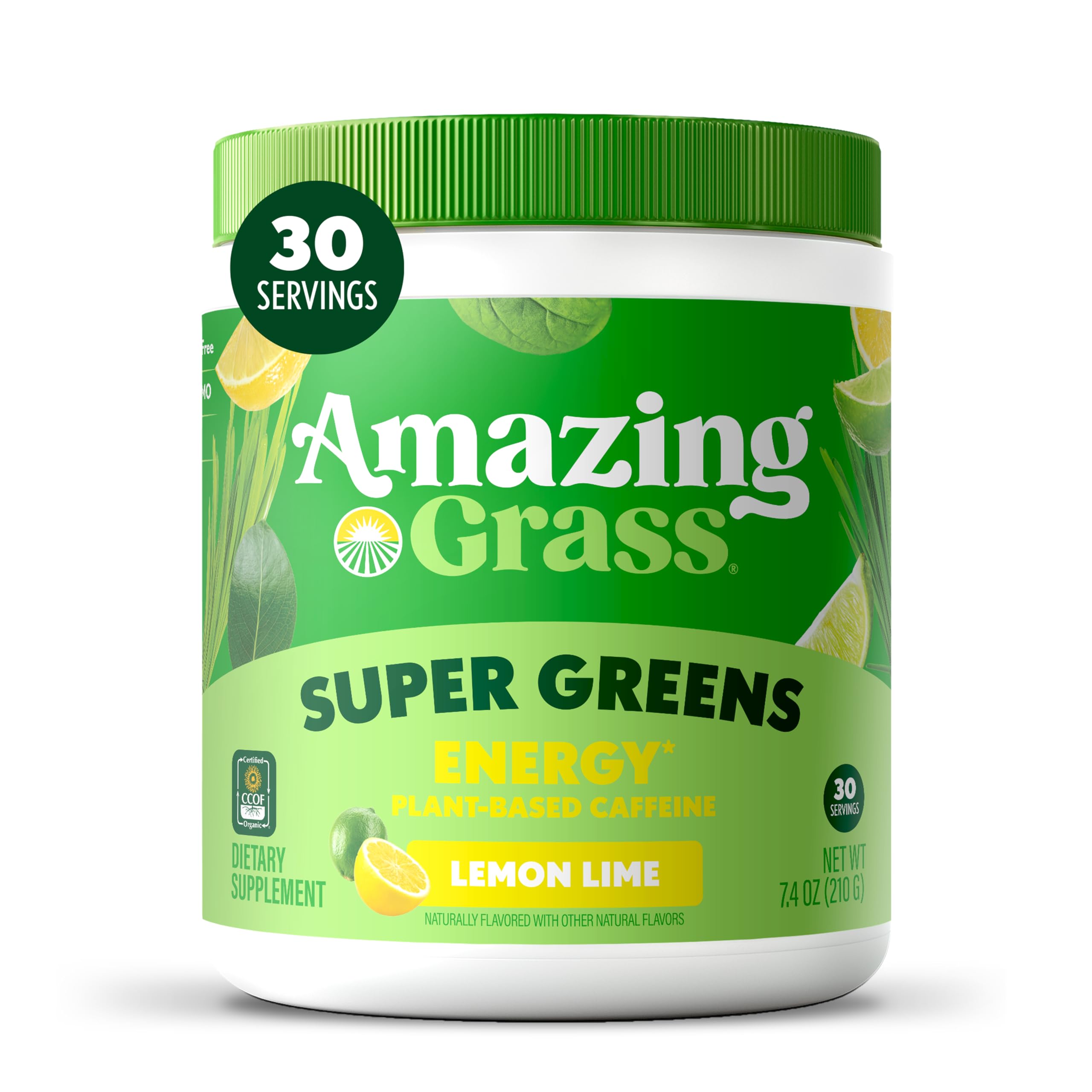 Amazing Grass envase frontal mostrando sabor limón-lima y beneficios