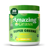 Amazing Grass envase frontal mostrando sabor limón-lima y beneficios