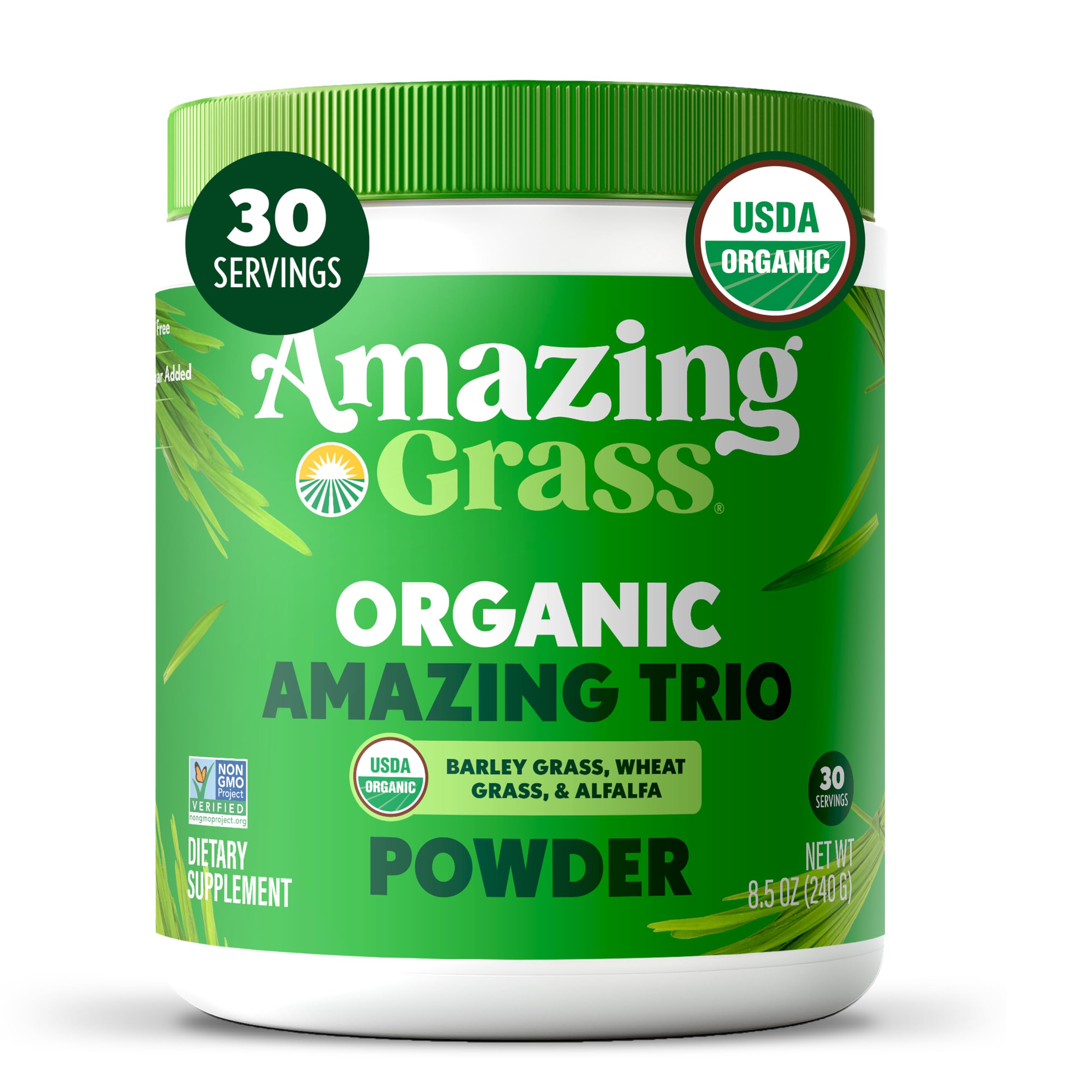 Amazing Grass vista frontal del envase con diseño claro y beneficios visibles