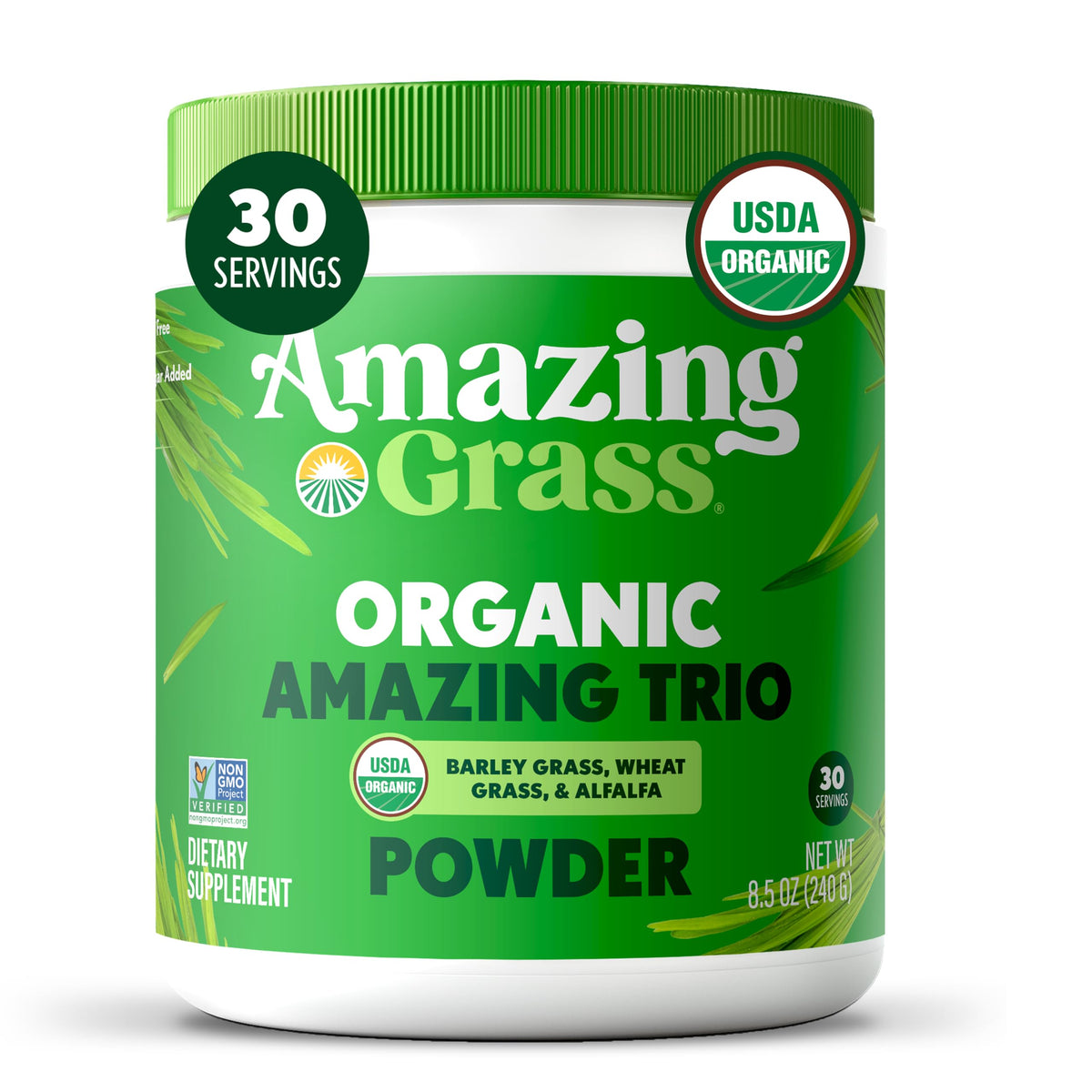 Amazing Grass vista frontal del envase con diseño claro y beneficios visibles