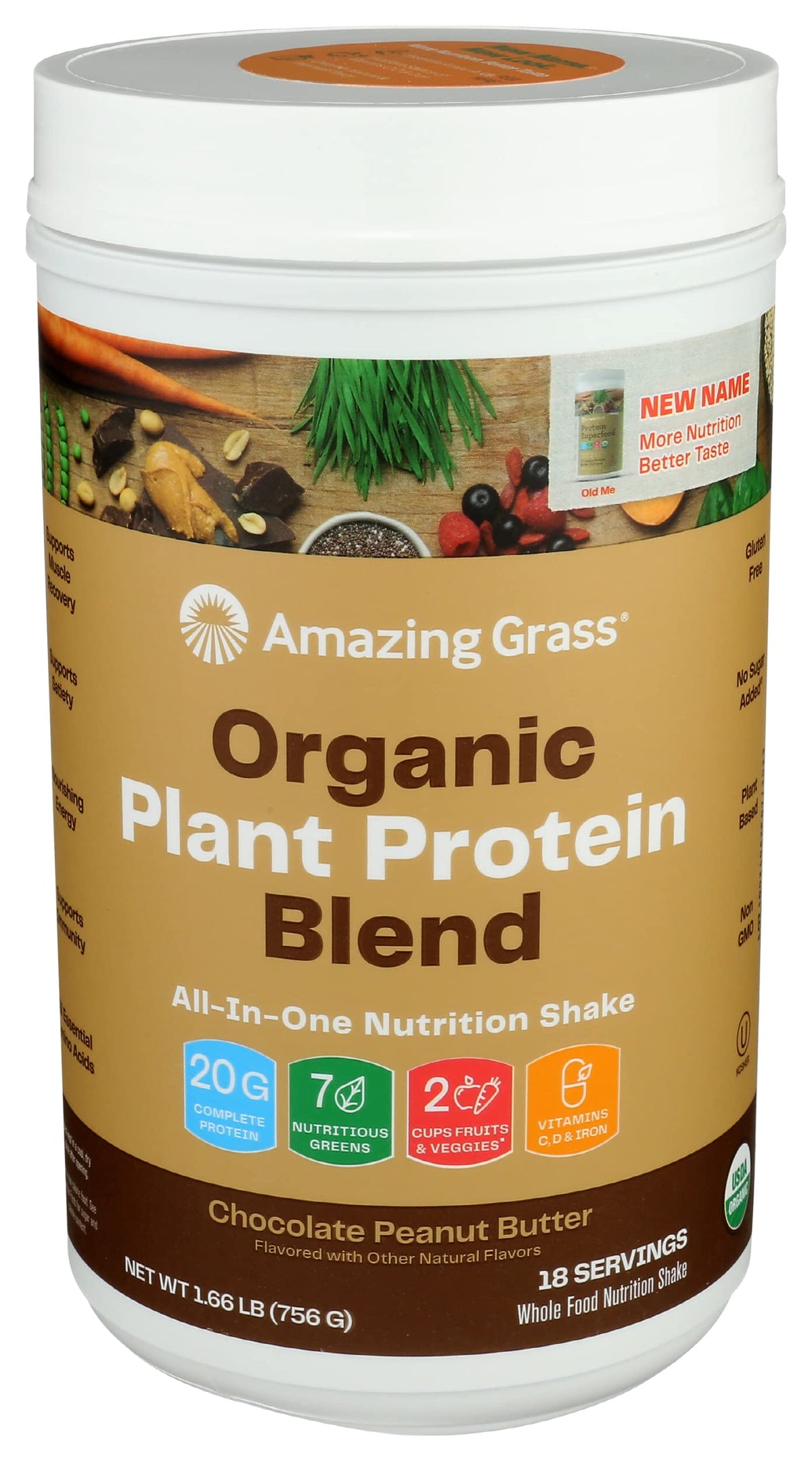 Amazing Grass frente del envase mostrando formato y sabor Chocolate Peanut Butter