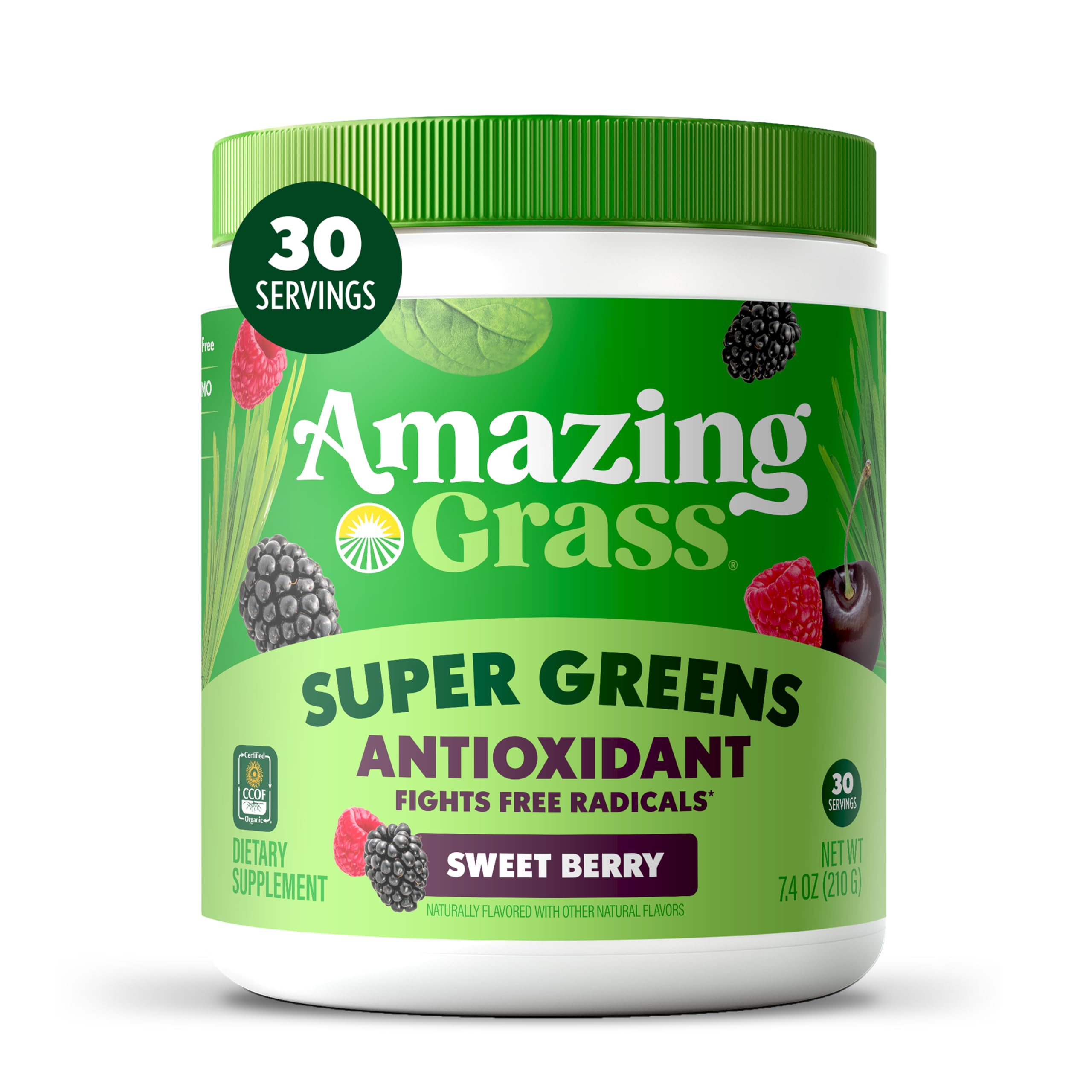 Amazing Grass envase frontal mostrando el sabor Sweet Berry y beneficios