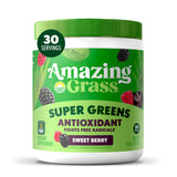 Amazing Grass envase frontal mostrando el sabor Sweet Berry y beneficios