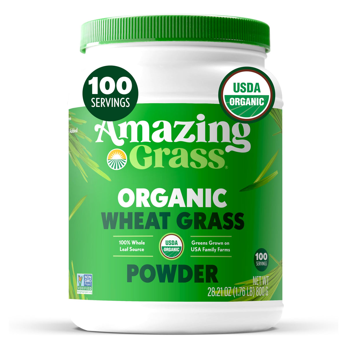 Amazing Grass envase frontal mostrando sello orgánico y propuesta de uso