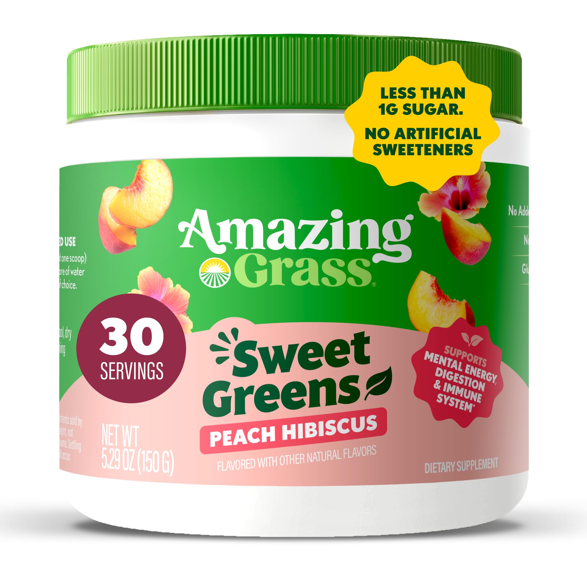 Amazing Grass envase frontal Peach Hibiscus, presentación y beneficio práctico