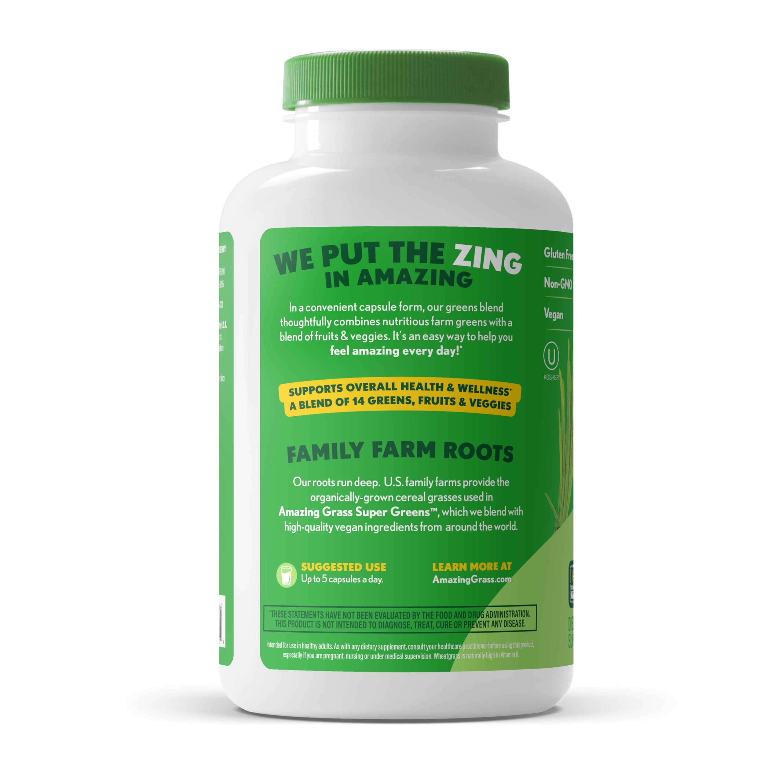 Amazing Grass ingredientes frescos (spirulina, chlorella, remolacha) en mesa
