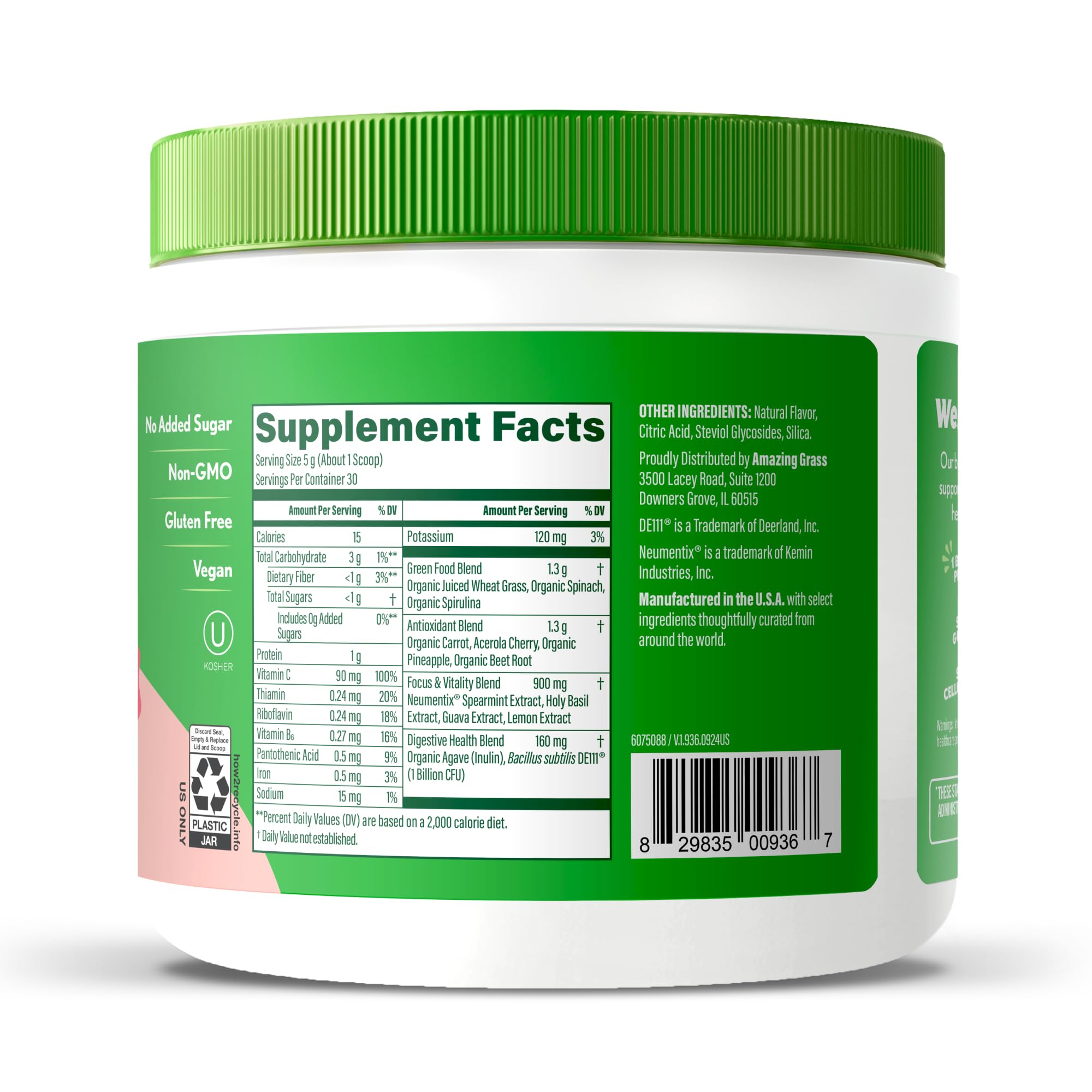 Amazing Grass ingredientes naturales, espirulina y chlorella visibles y beneficios