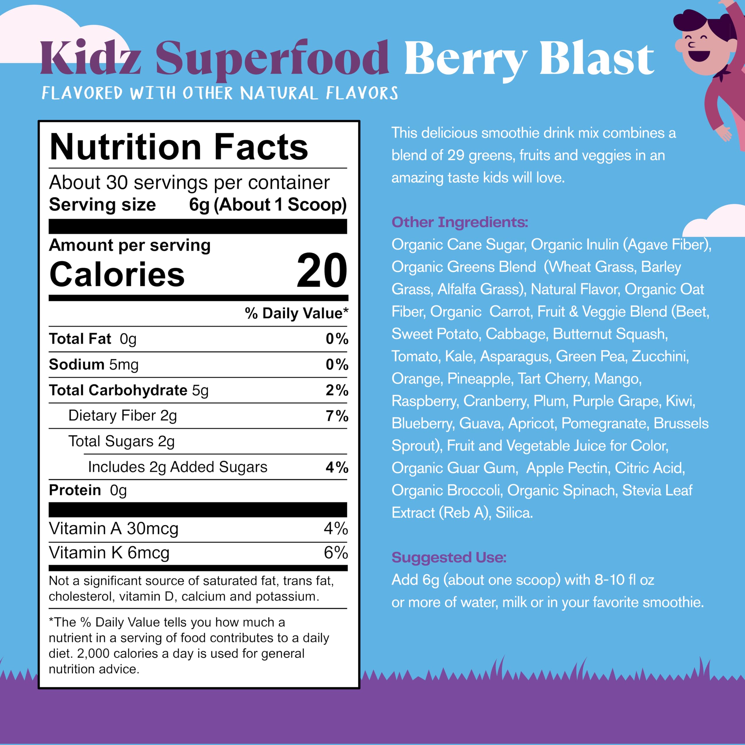 Amazing Grass polvo Berry Blast en primer plano, textura fina que mezcla bien