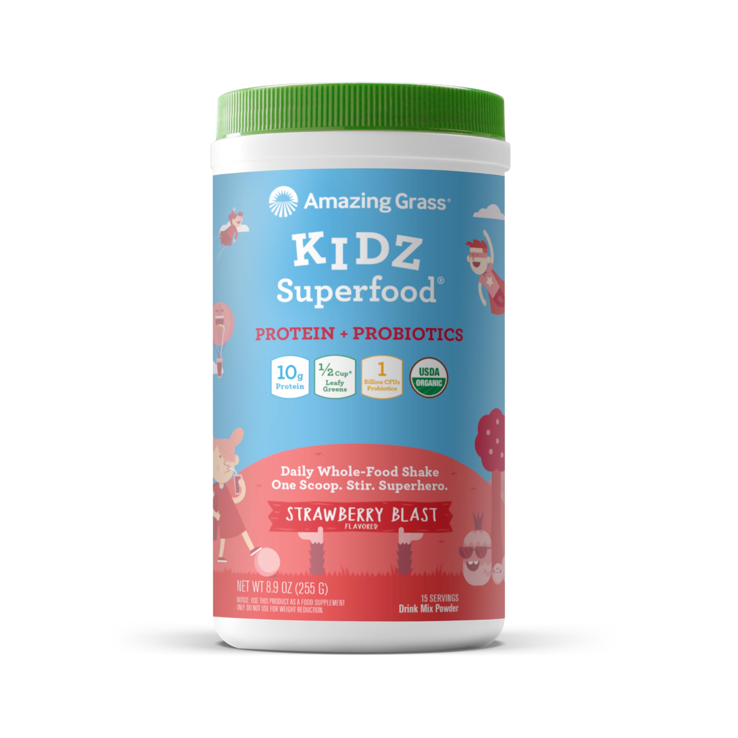 Amazing Grass Kidz vista frontal del paquete, diseño y sabor Strawberry Blast