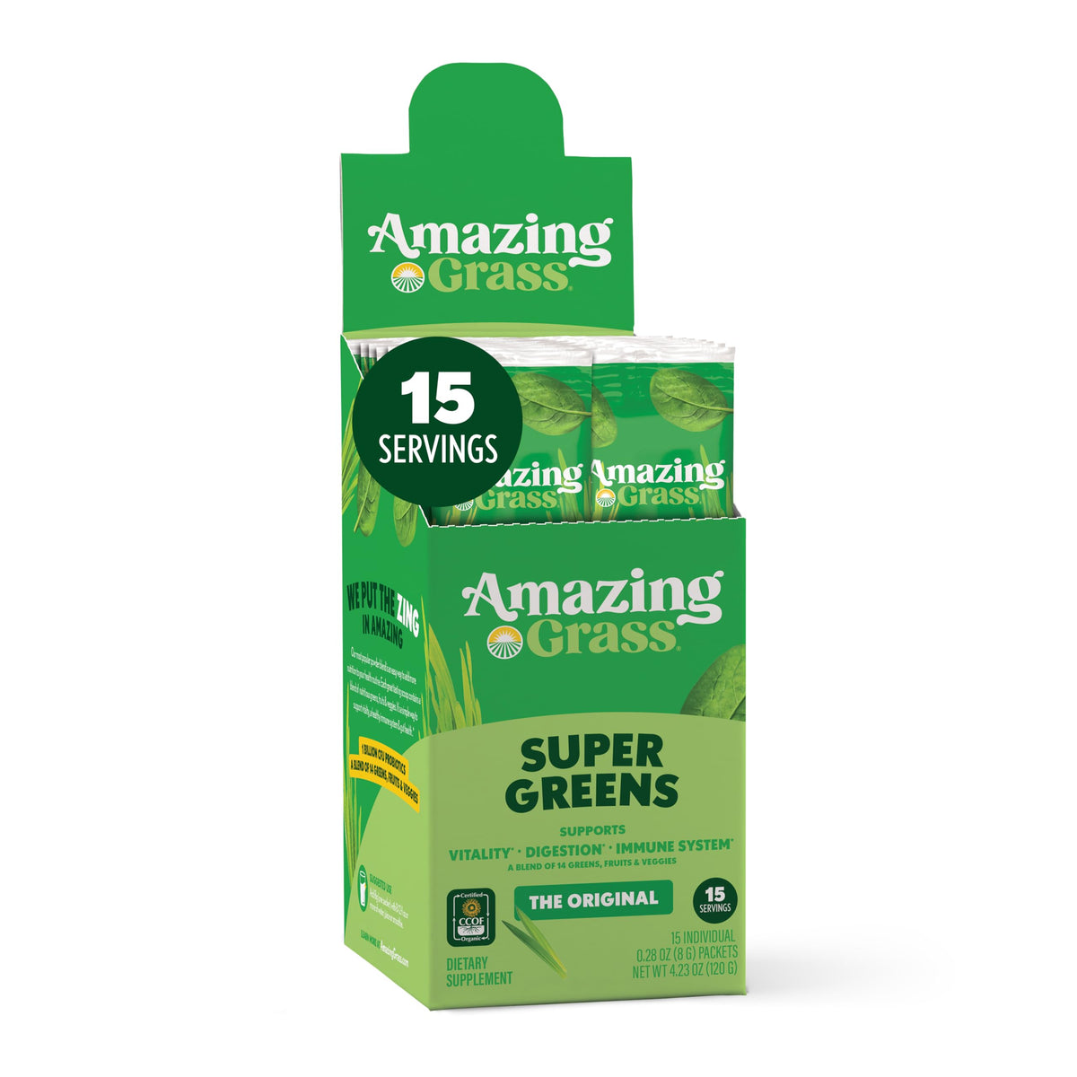 Amazing Grass paquete frontal mostrando sobres y certificaciones beneficios claros