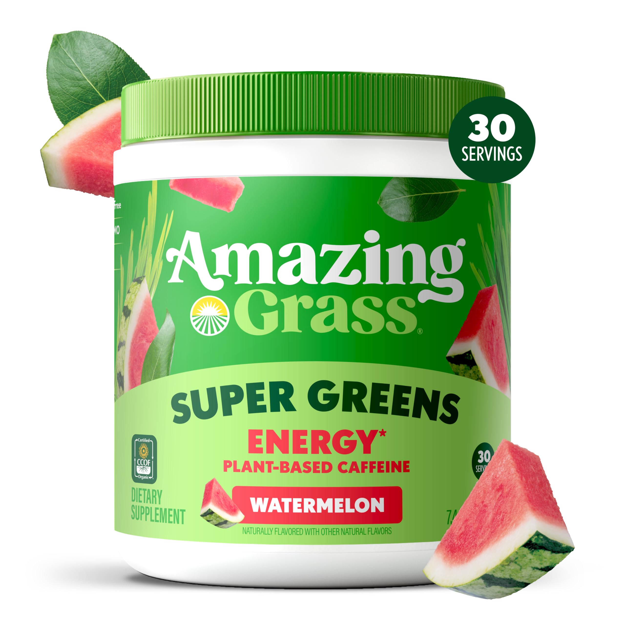 Amazing Grass etiqueta nutricional con información de cafeína y porciones