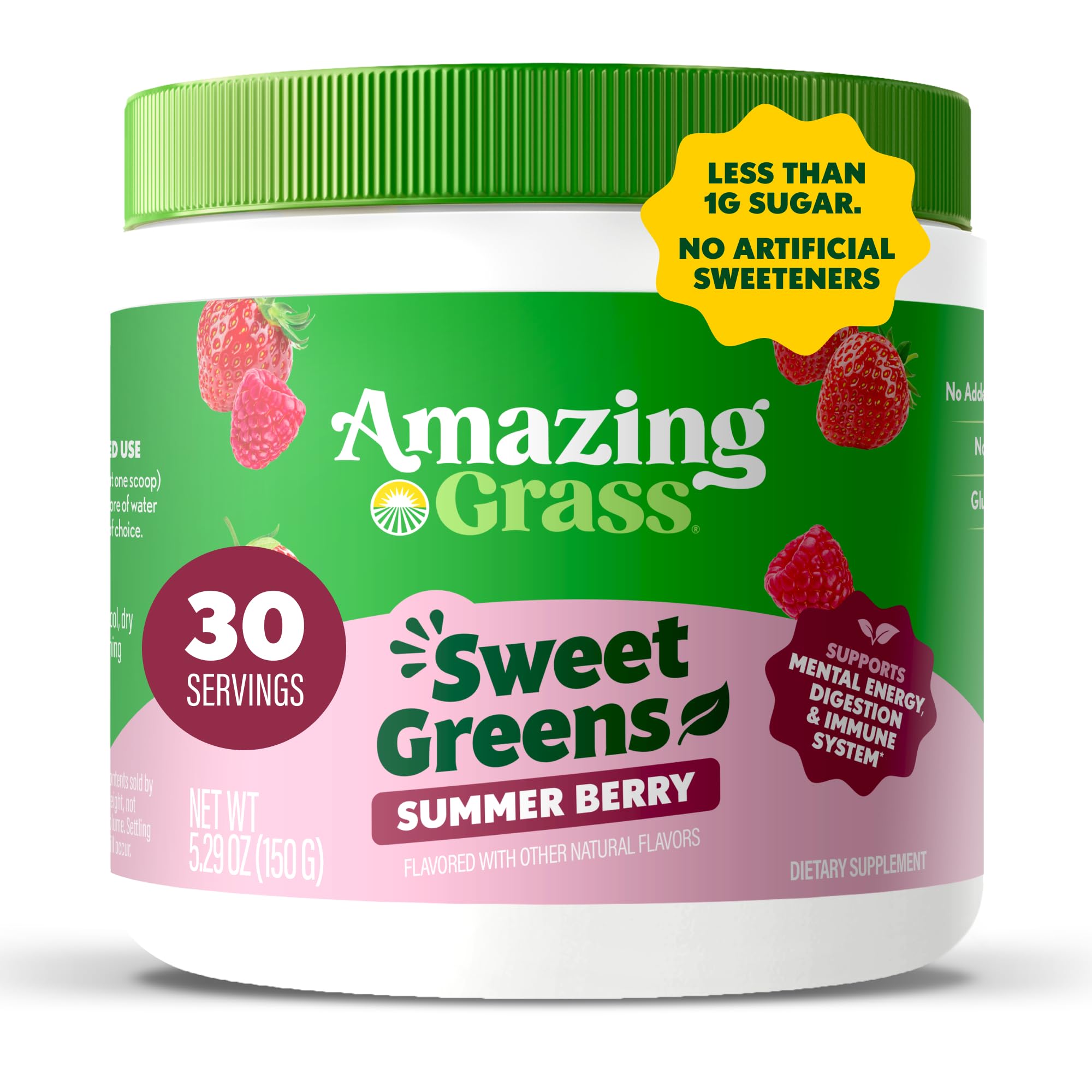 Amazing Grass bote frontal mostrando sabor Summer Berry y beneficio nutricional