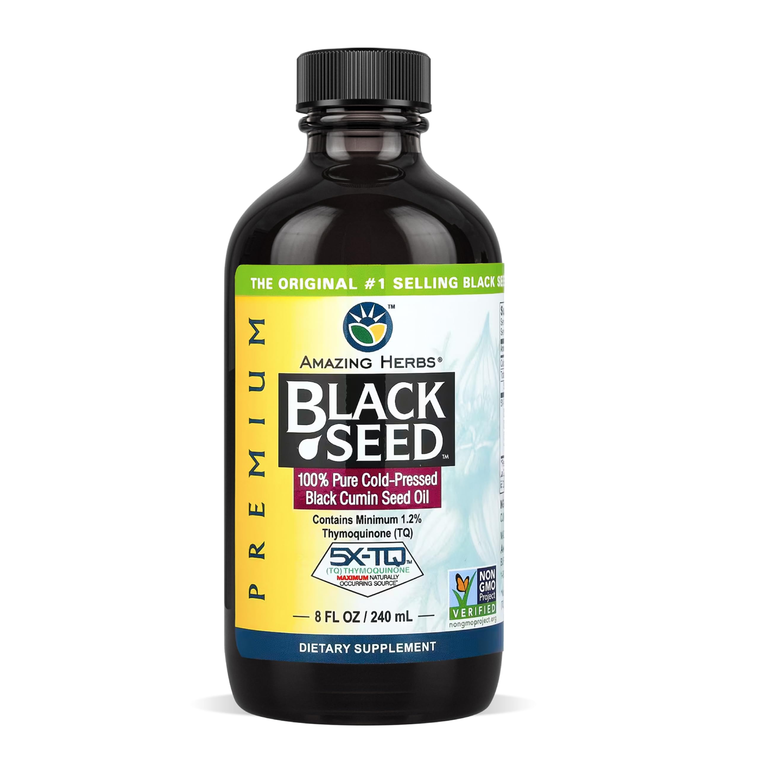 Amazing Herbs botella frontal mostrando aceite de semilla negra, pureza visible