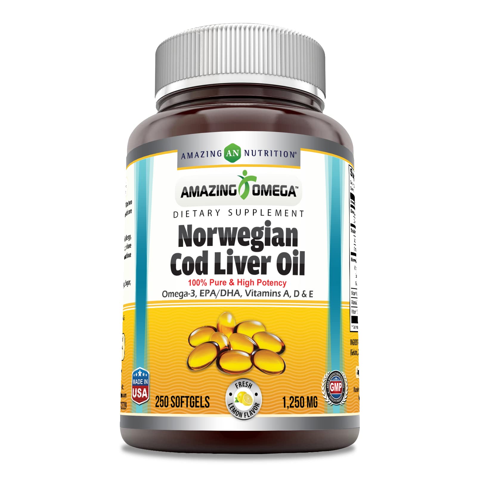 Amazing Nutrition frasco frontal mostrando etiqueta y 250 cápsulas, confianza en pureza