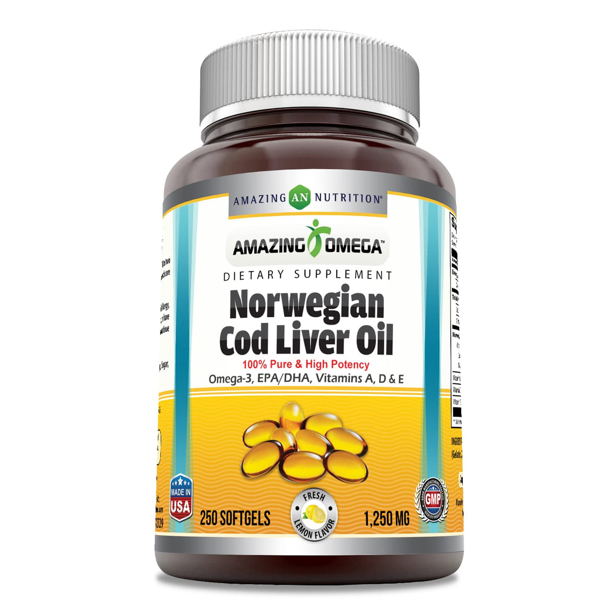 Amazing Nutrition frasco frontal mostrando etiqueta y 250 cápsulas, confianza en pureza