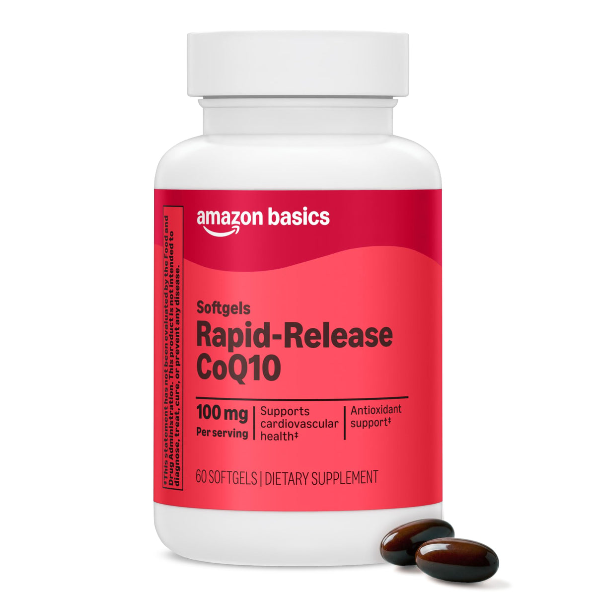 Amazon Basics frasco frontal del suplemento CoQ10 100 mg, presentación clara y práctico