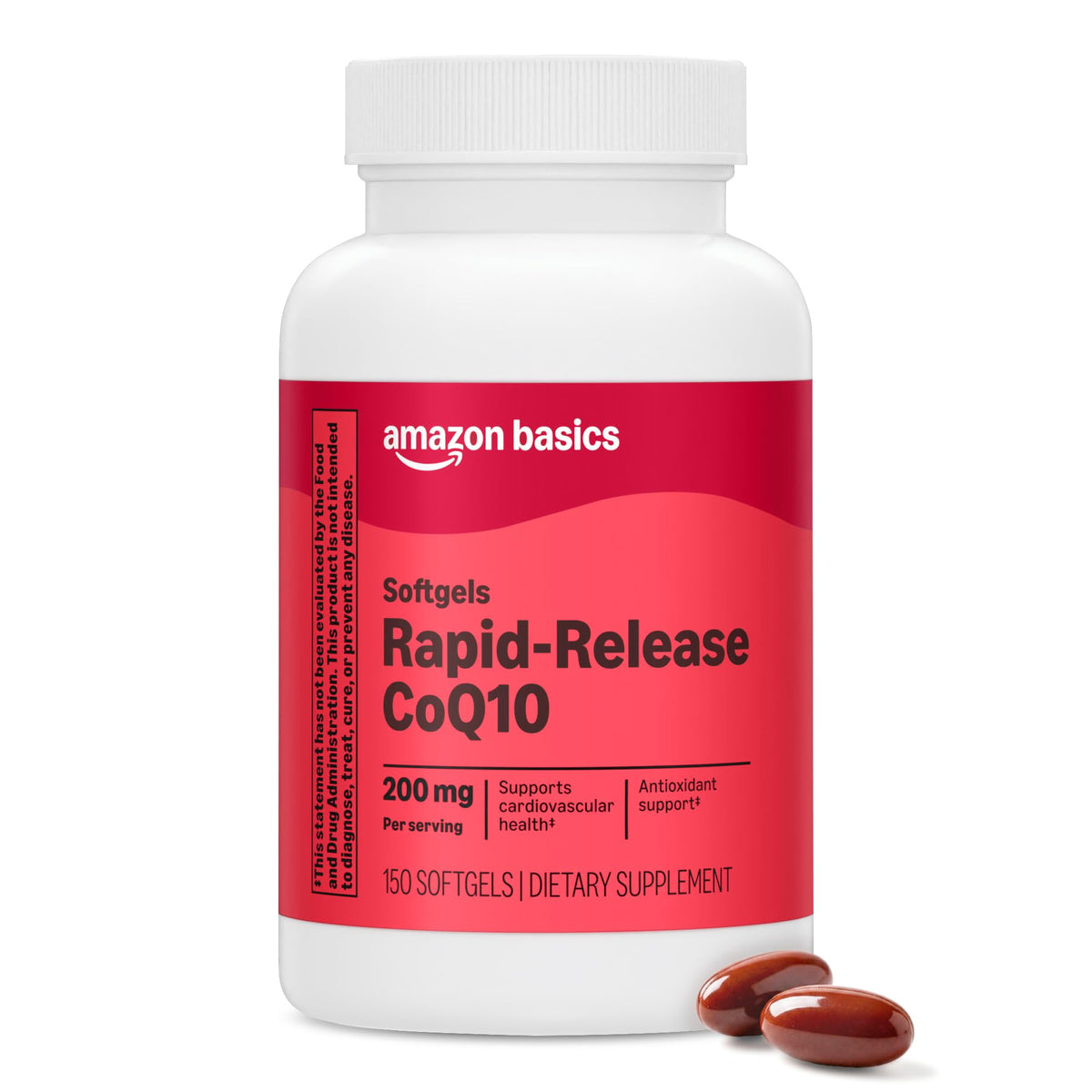 Amazon Basics frasco frontal CoQ10 mostrando etiqueta y cantidad, aporta conveniencia