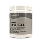 Amazon Basics envase frontal BCAA 2:1:1 mostrando raciones y tamaño, ideal para entrenamientos