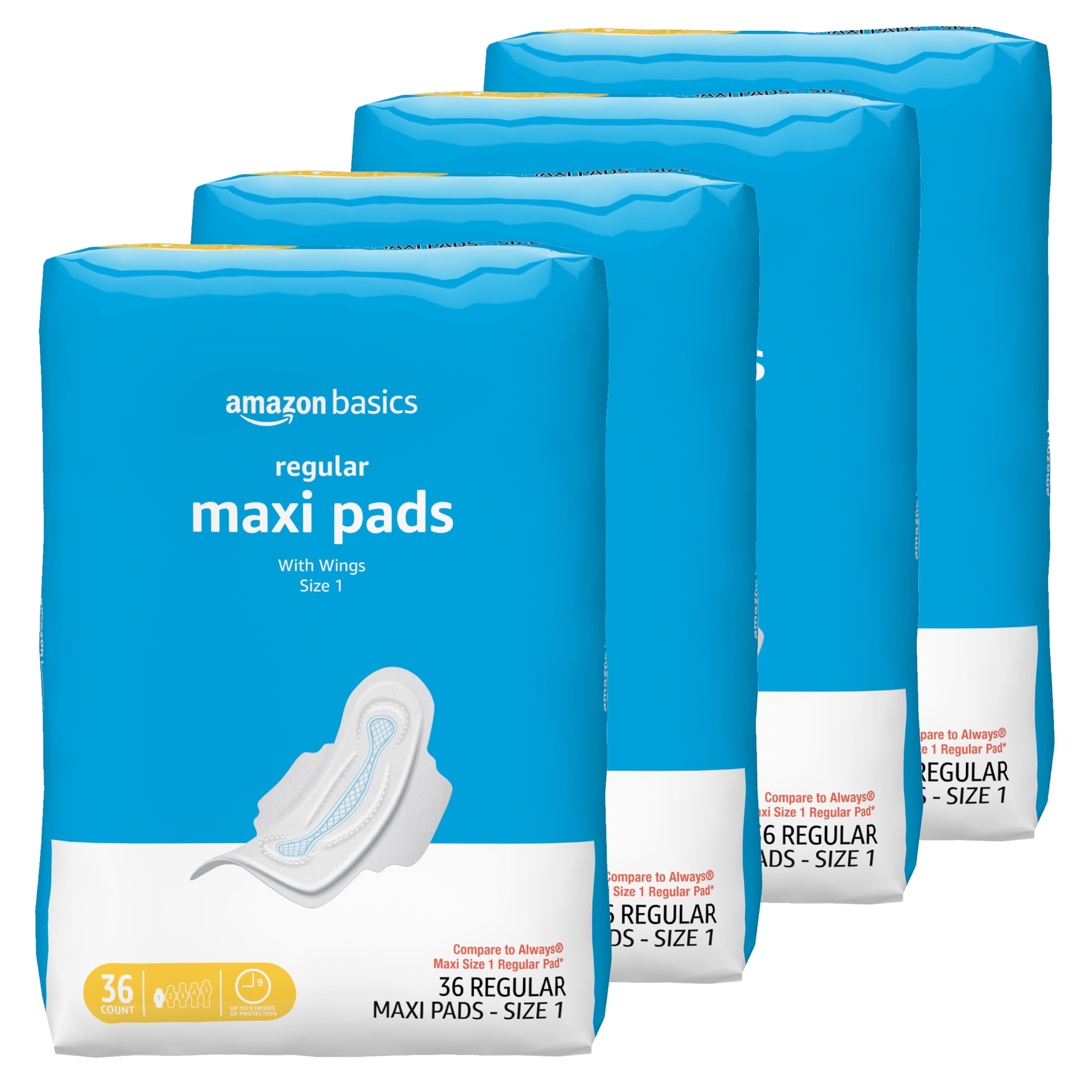 Amazon Basics empaque frontal mostrando 144 unidades y beneficio de suministro prolongado