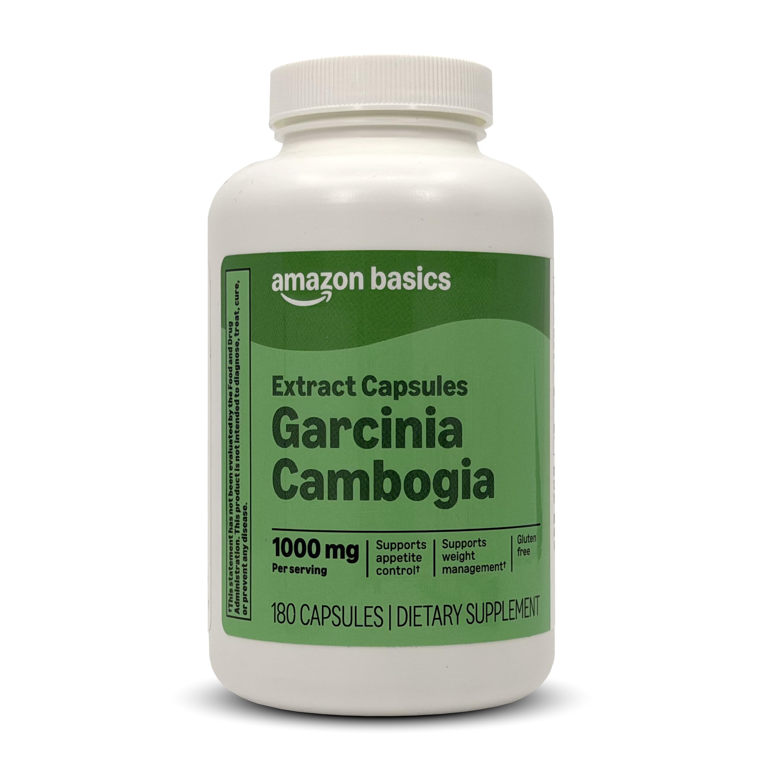 Amazon Basics frasco frontal de Garcinia Cambogia 180 cápsulas mostrando cantidad y dosis