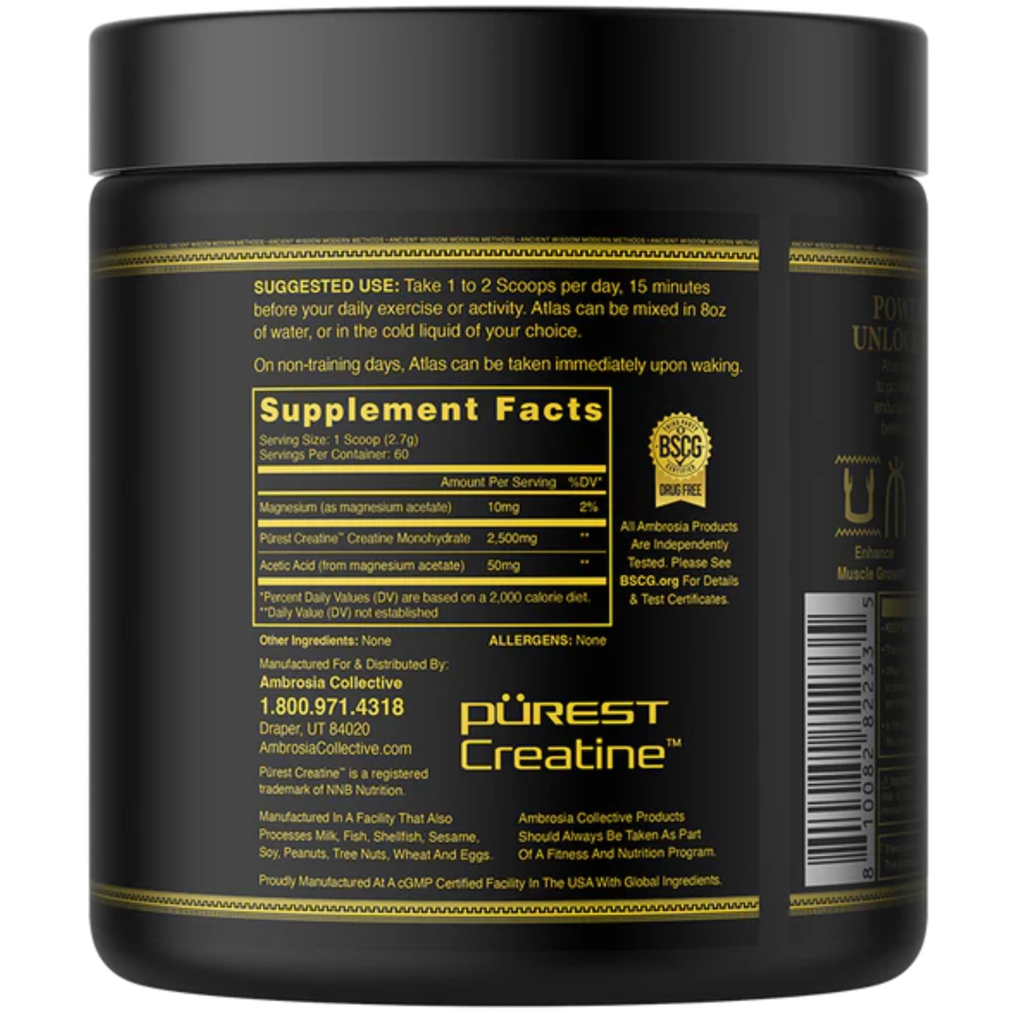 Representación de ingredientes clave Ambrosia Atlas: creatina, ácido acético y magnesio