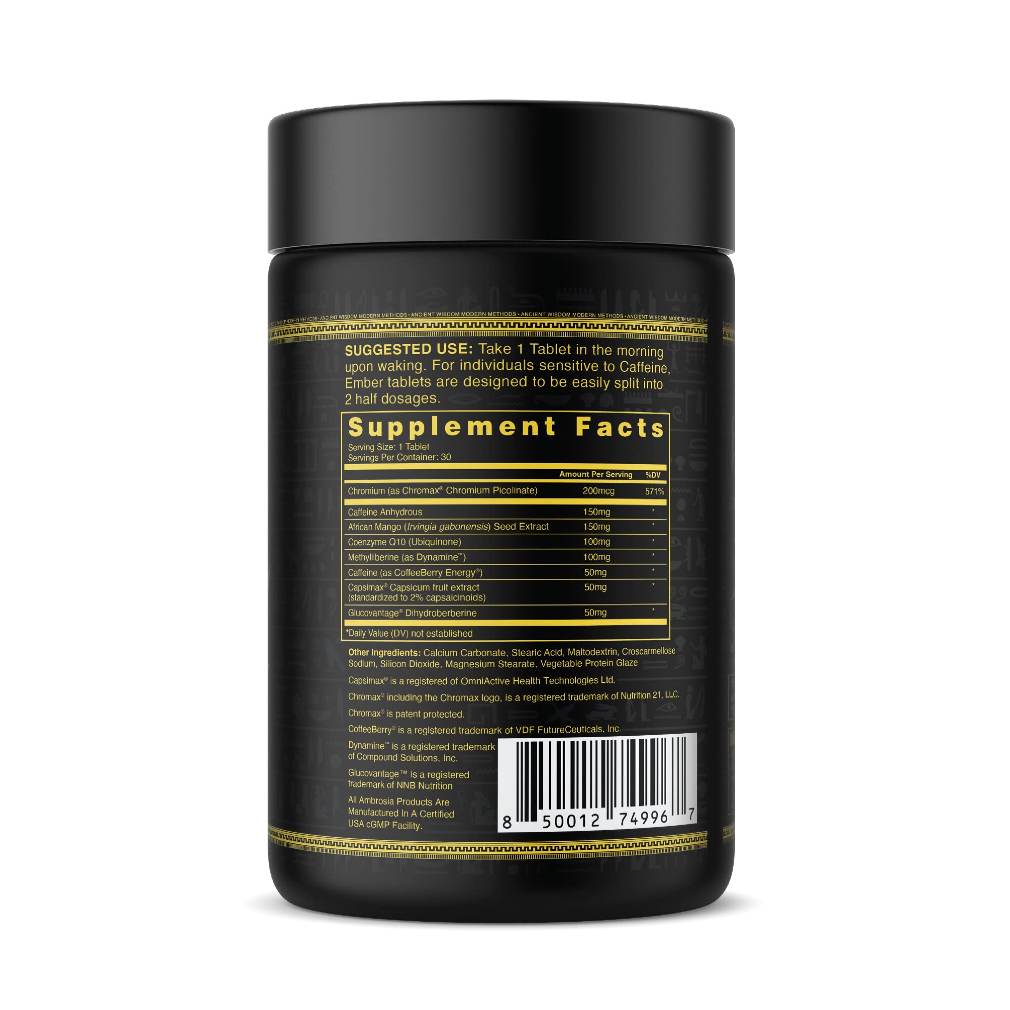 Ambrosia Ember etiqueta nutricional abierta mostrando información de ingredientes