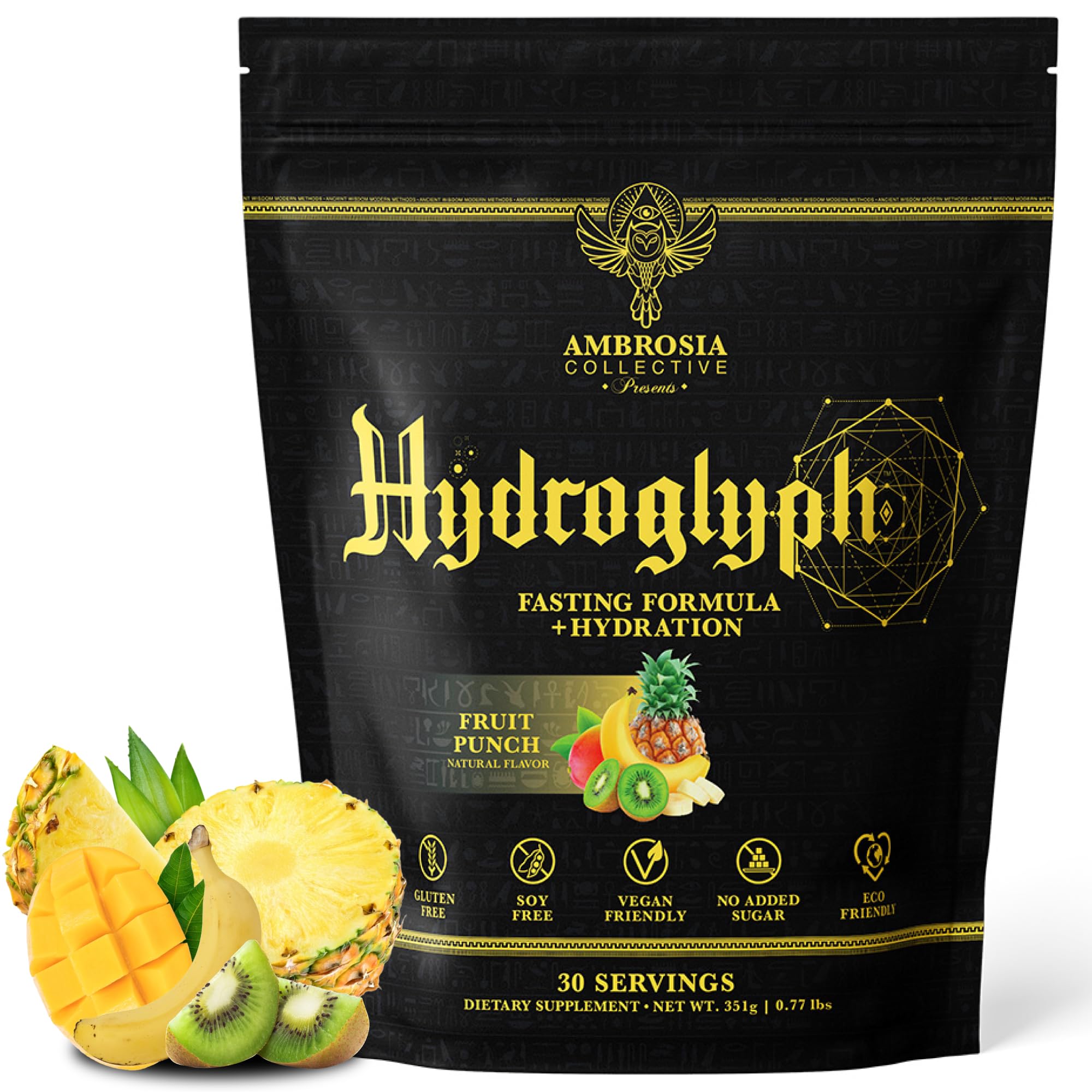 Ambrosia envase frontal Fruit Punch mostrando 30 servicios y beneficios de hidratación
