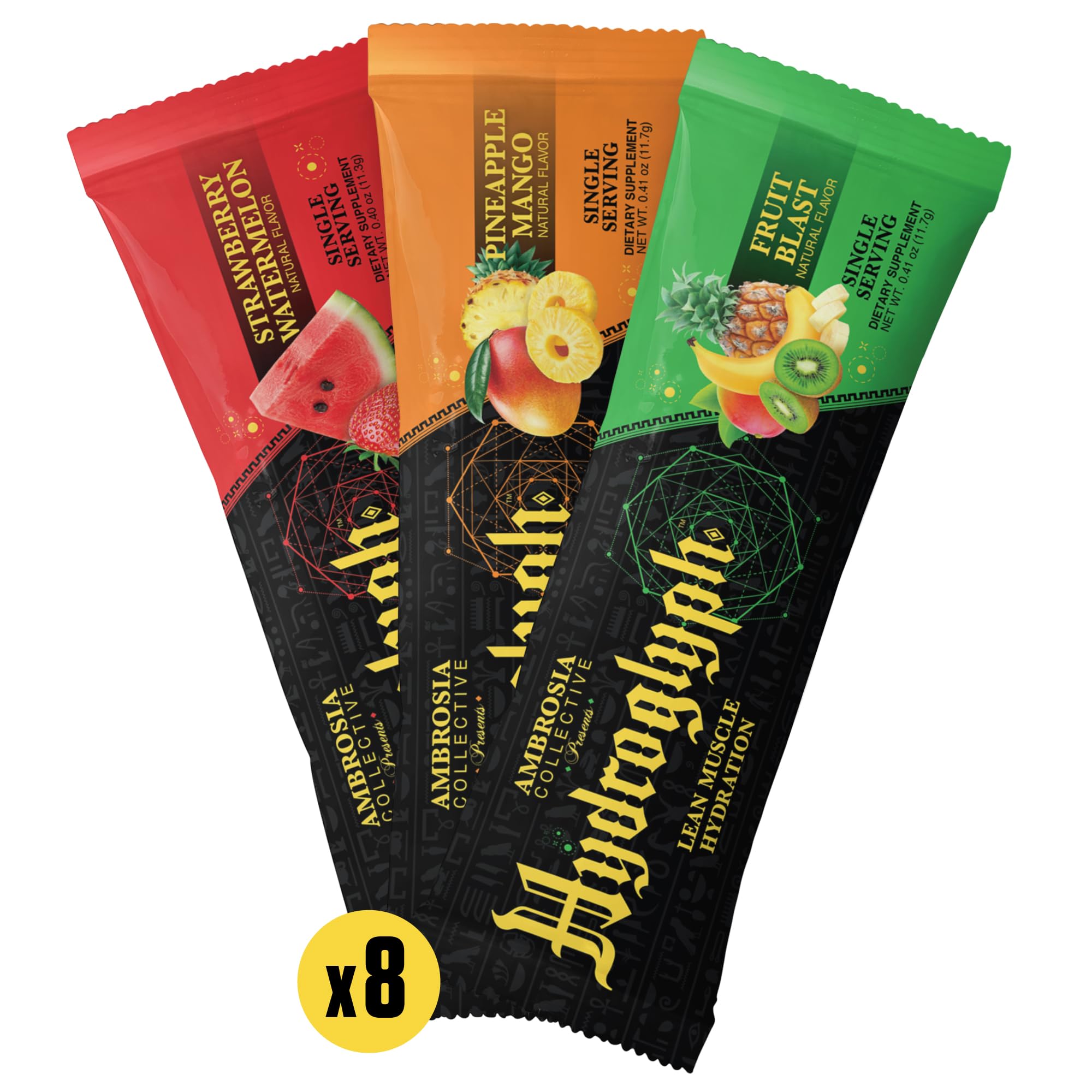 Ambrosia Hydroglyph etiqueta de ingredientes clara que muestra EAAs y myHMB
