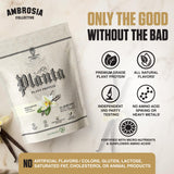 Ambrosia ingredientes lista closeup indicando proteínas vegetales y sin aditivos