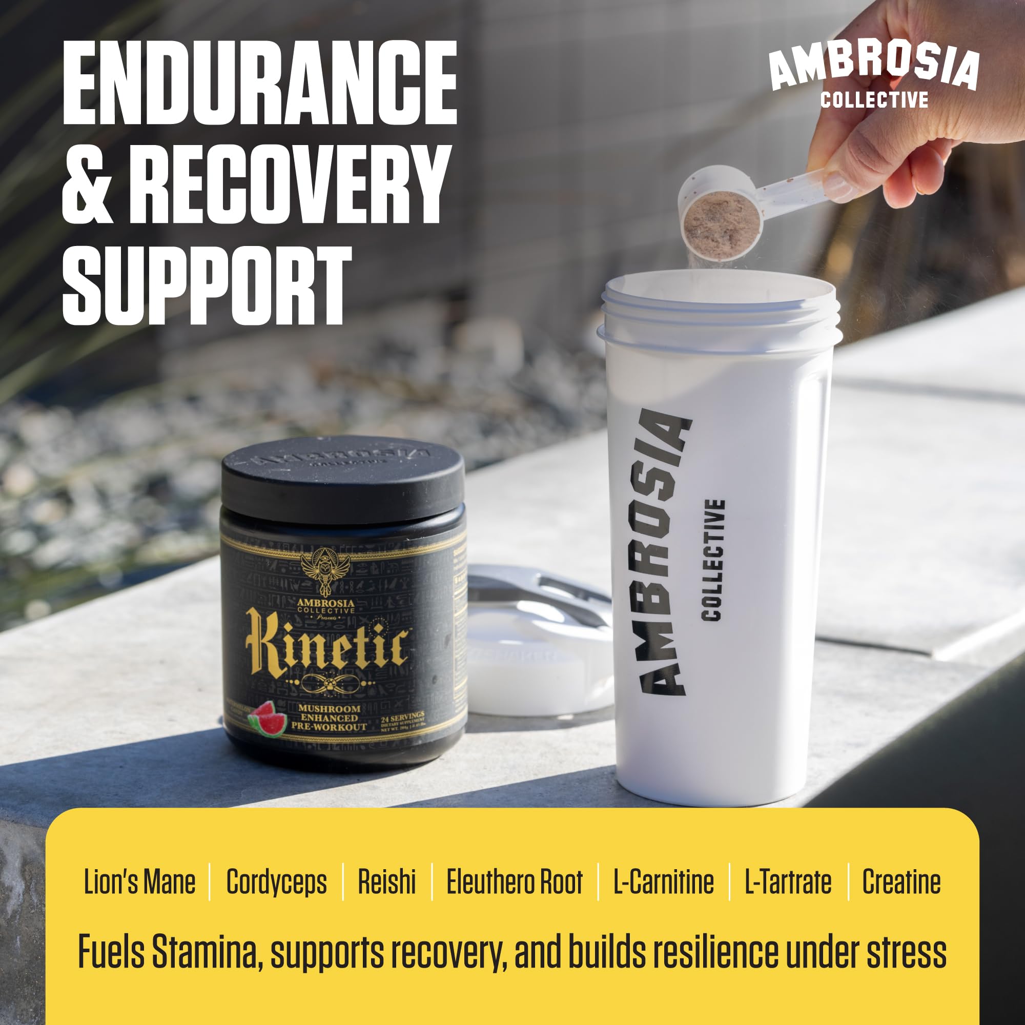 Ambrosia Kinetic batido en vaso listo para beber antes del entrenamiento