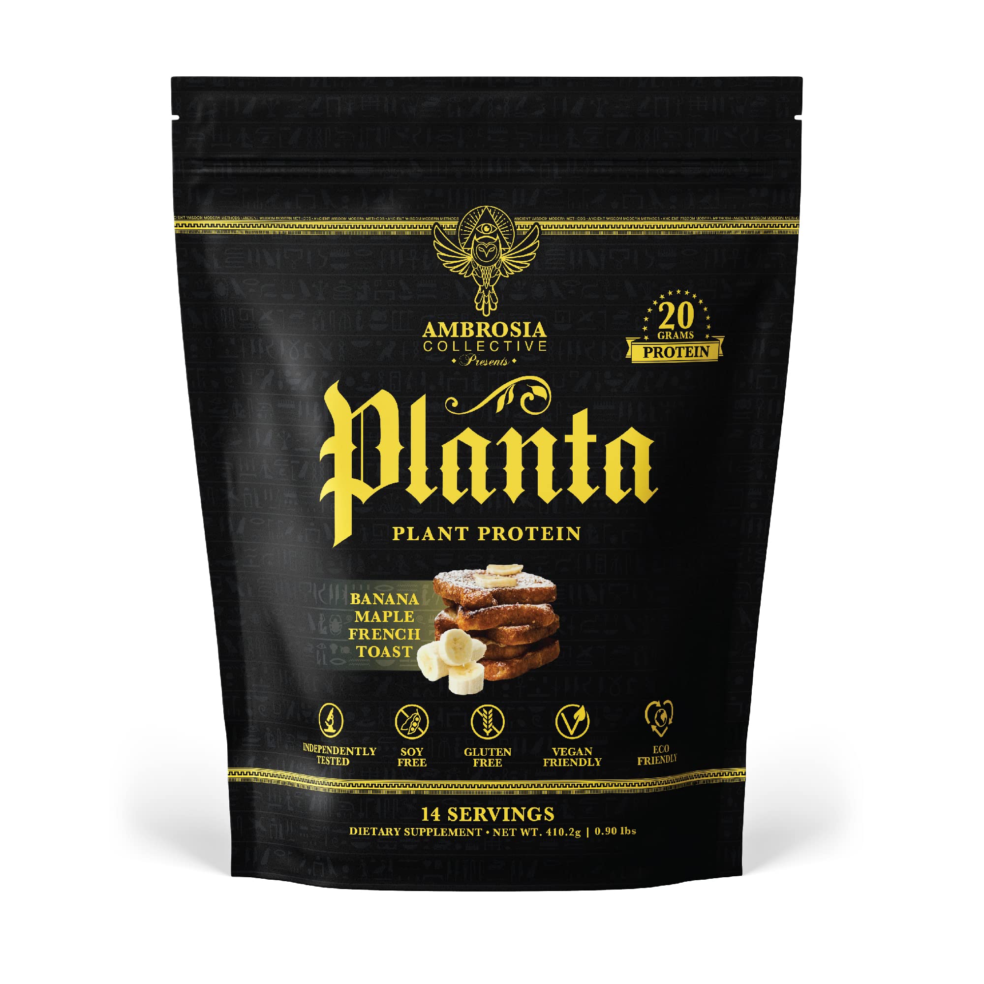 Ambrosia Planta frente del empaque mostrando sabor Banana Maple y beneficios limpios