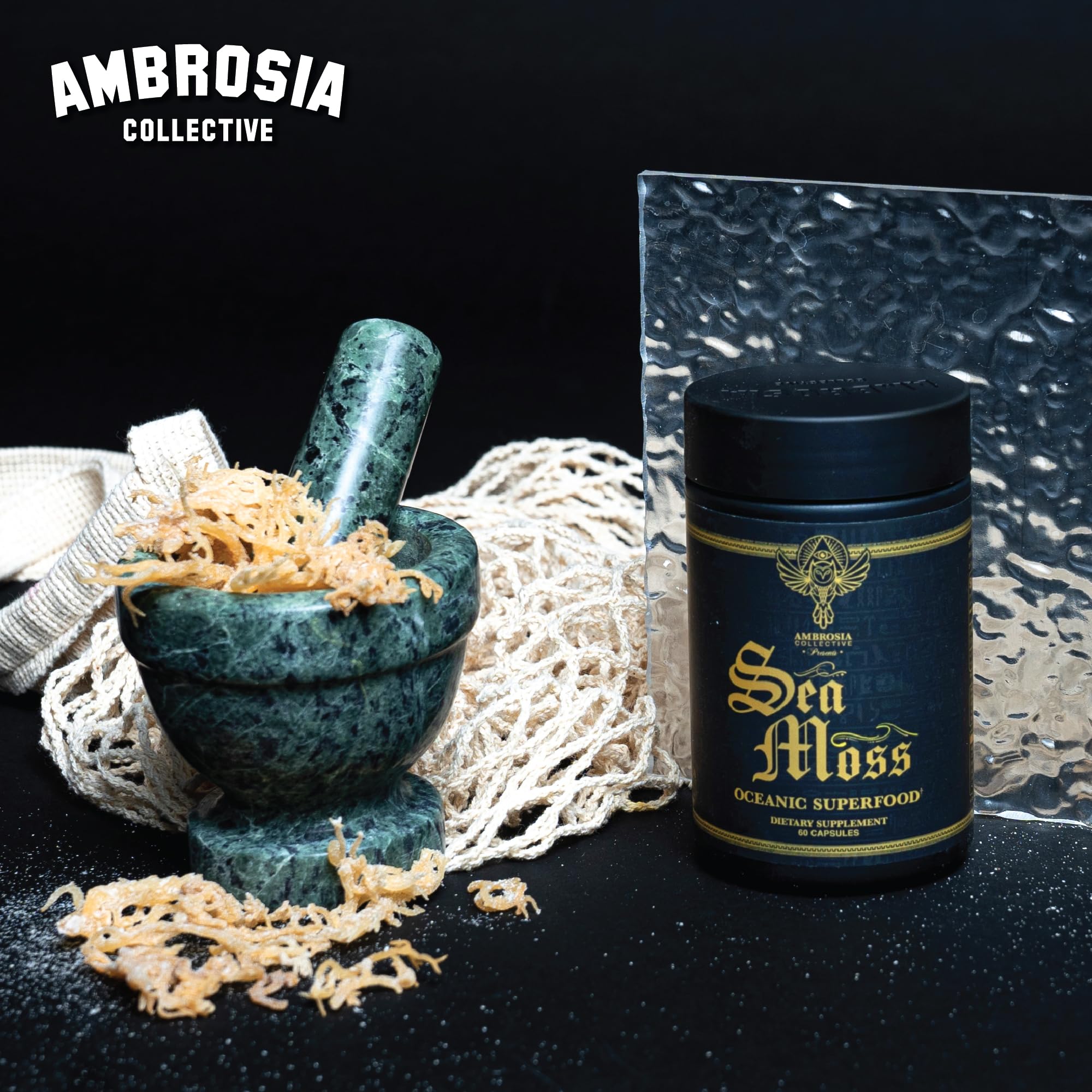 Ambrosia textura del polvo de sea moss orgánico enfatizando pureza