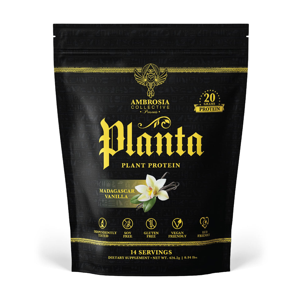 Ambrosia envase frontal mostrando sabor vainilla y beneficio sabor limpio