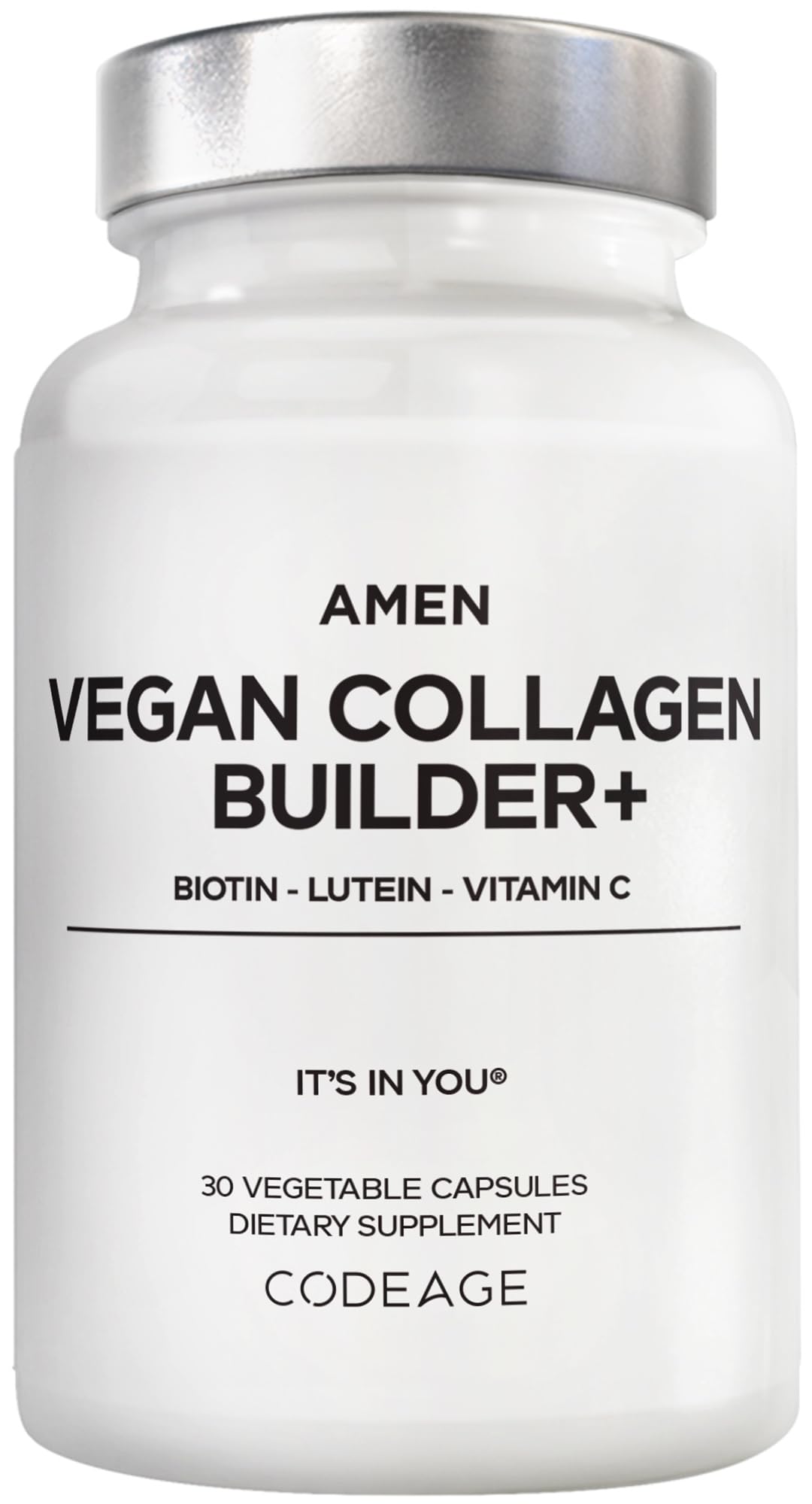 Amen frasco frontal mostrando etiquetas y beneficios veganos