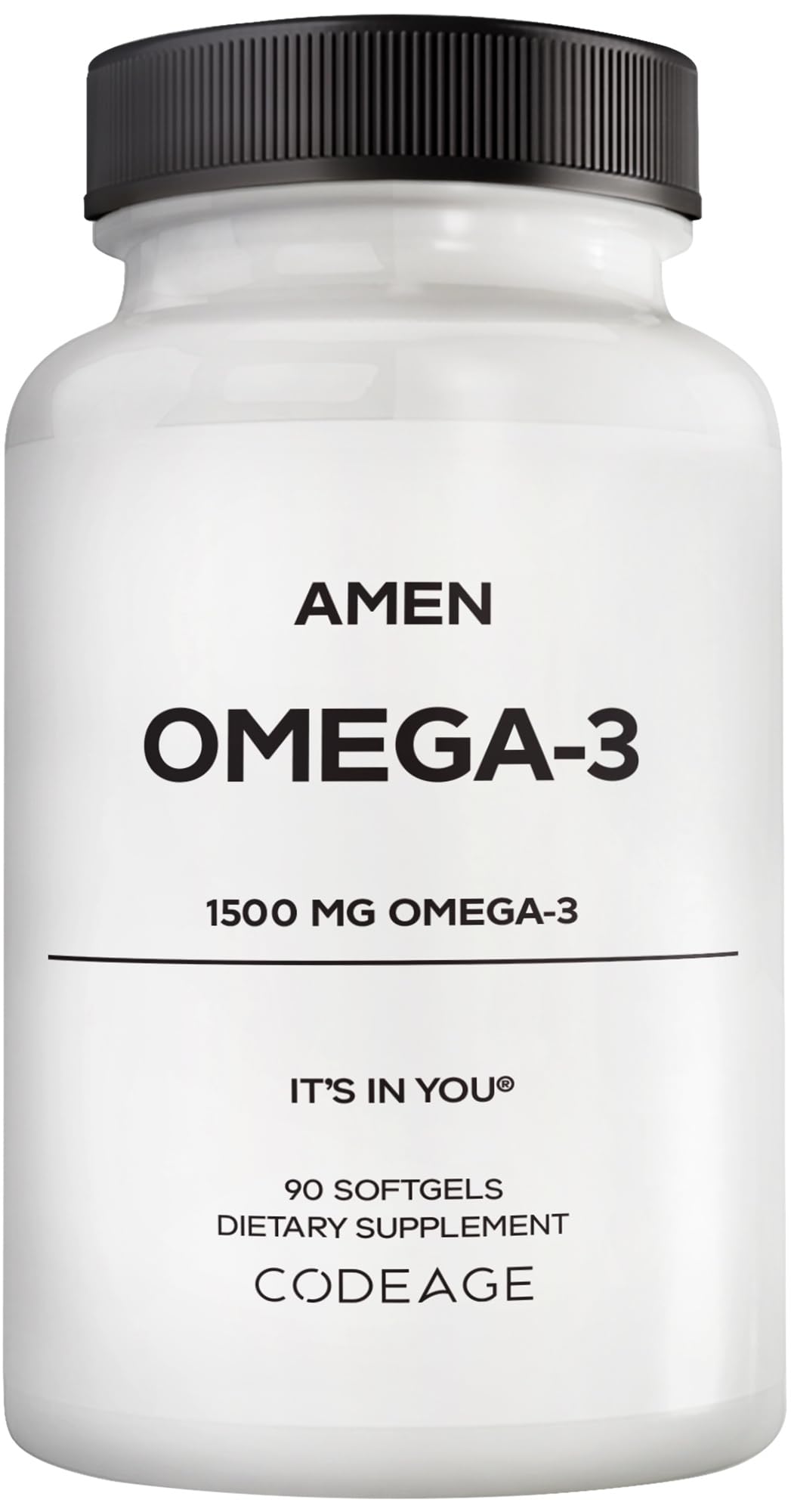 Amen frasco frontal mostrando etiqueta clara y aporte de omega-3