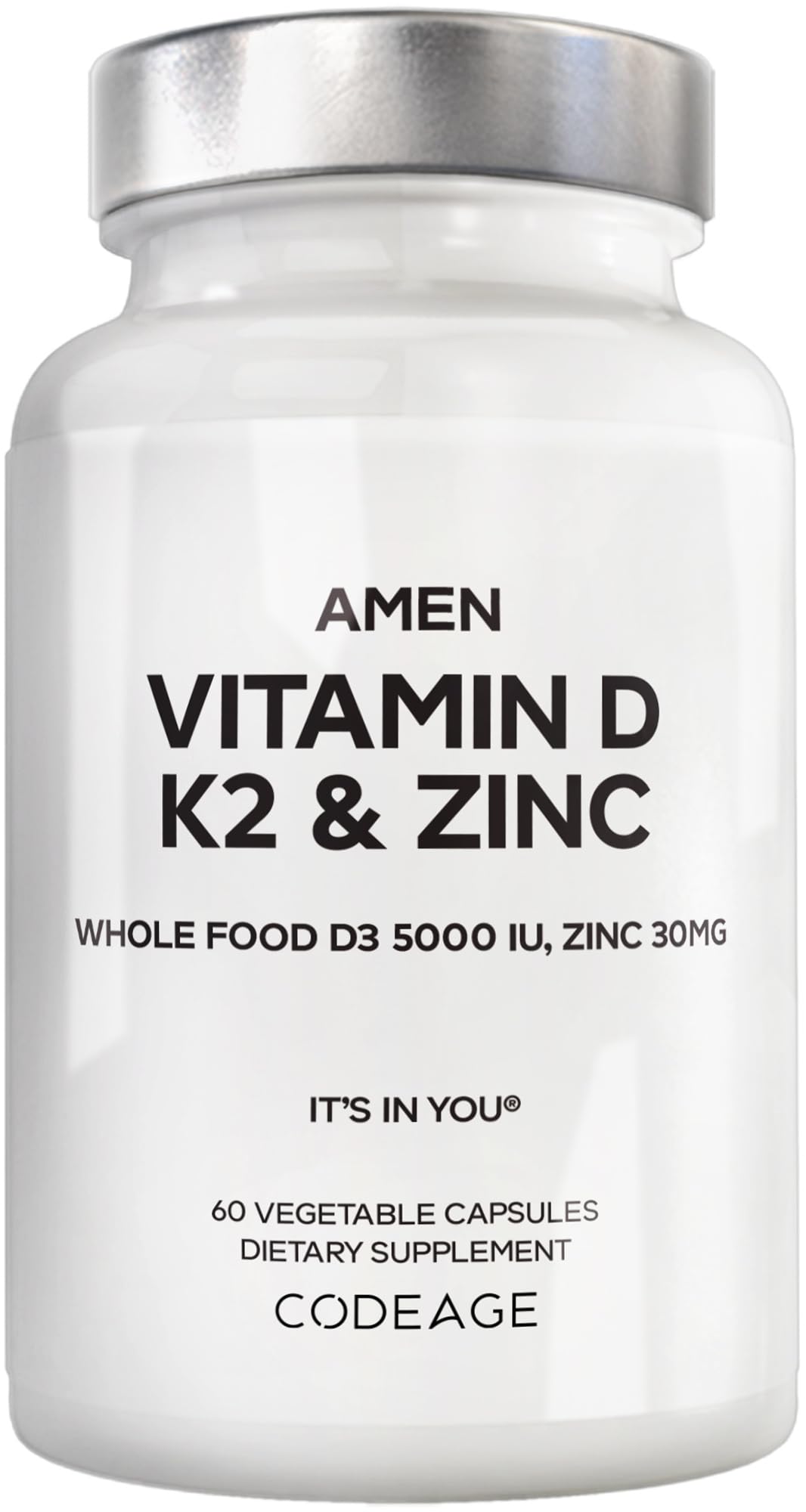 Amen botella frontal mostrando fórmula D3 K2 Zinc y beneficio de combinación completa