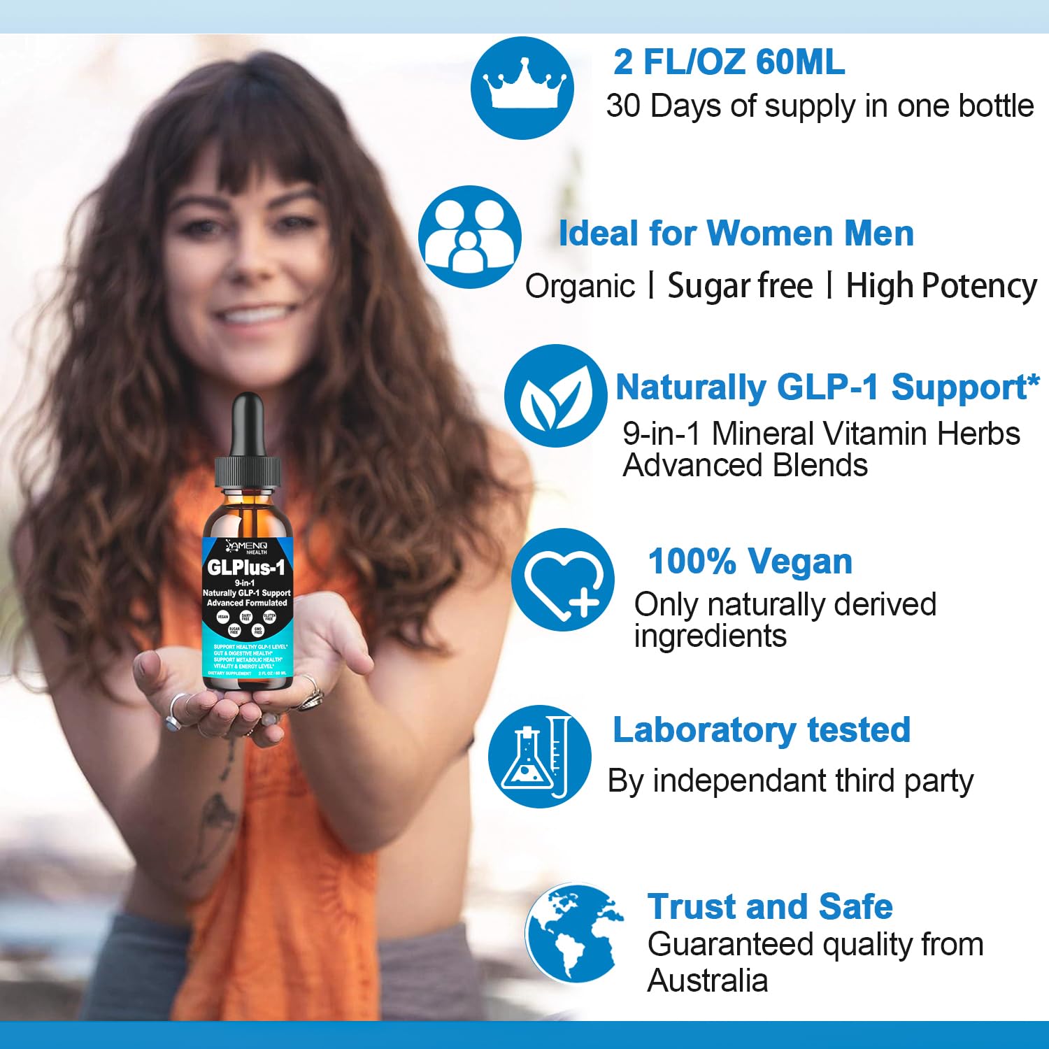 AMENQ hHEALTH botella en mano para comparar tamaño y control de dosis