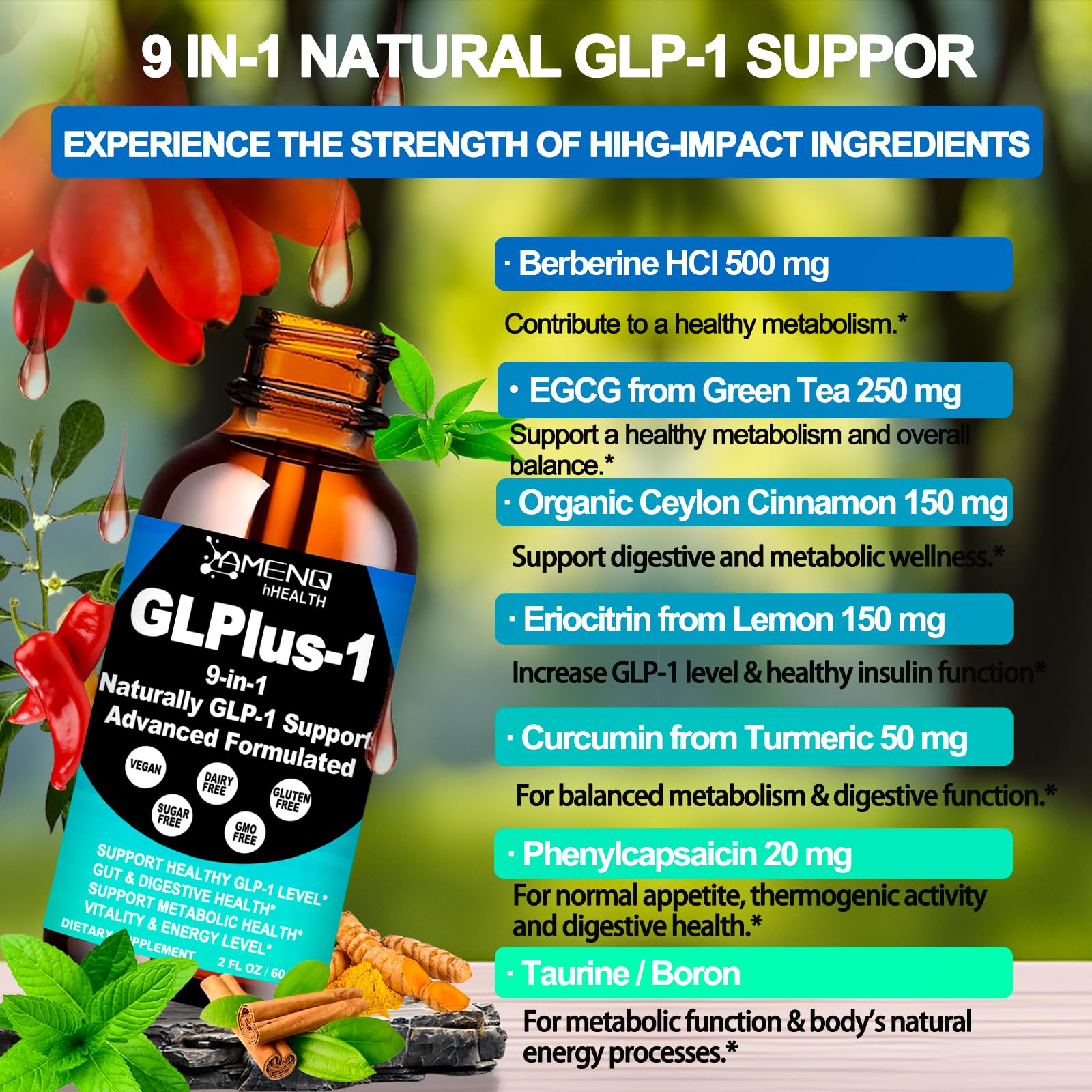 AMENQ hHEALTH etiqueta con ingredientes clave y certificaciones para confianza