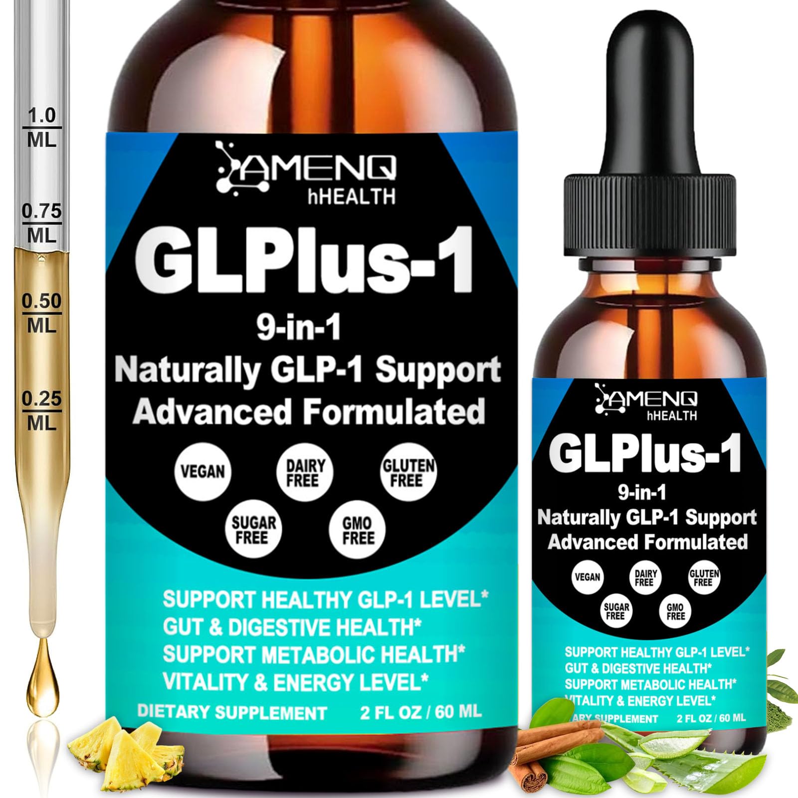 AMENQ hHEALTH envase frontal de gotas GLP‑1 que muestra diseño y beneficios