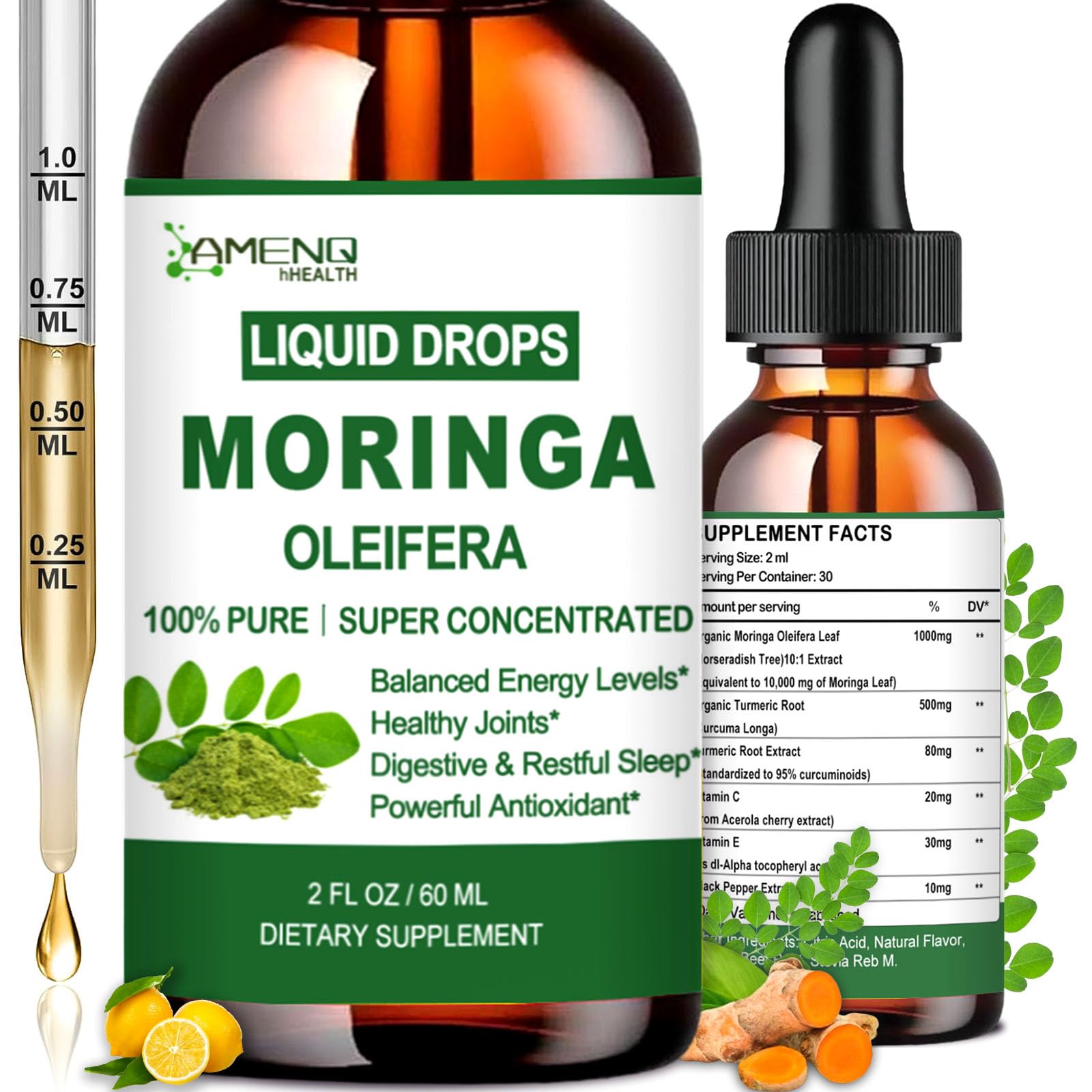 AMENQ hHEALTH frasco frontal con gotas de moringa, presentación clara y profesional